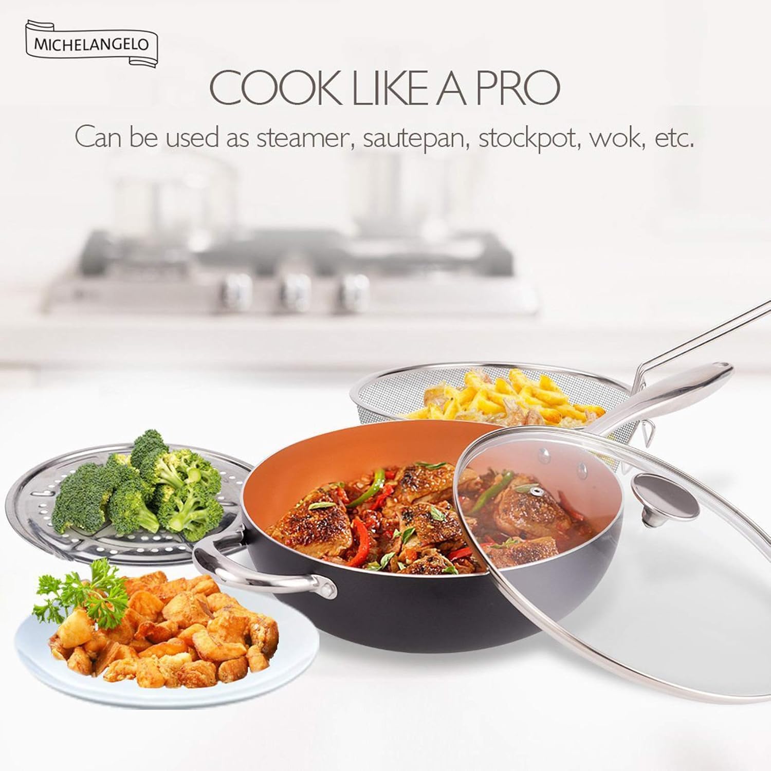 MICHELANGELO 5 Quart Nonstick Woks and Stir Fry Pans With Lid, Frying Basket & Steam Rack, Nonstick Copper Wok Pan With Lid, Ceramic Wok With Lid, Nonstick Frying Wok Flat Bottom, Induction Compatible: Home & Kitchen