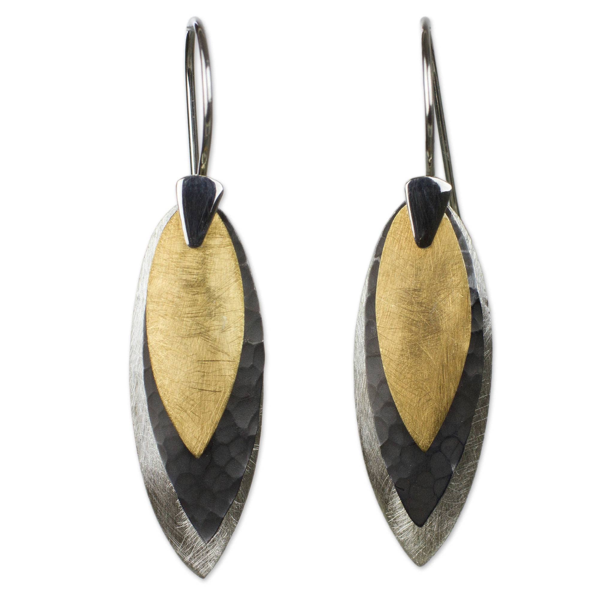 NOVICAHandmade Modern Sterling Silver Earrings with 22k Gold | Hook Style | Dangling with Combination Finish | Jewelry Gifts for Women 'Turning Leaves', Sterling Silver, No Gemstone