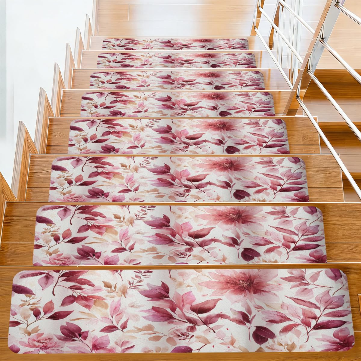 10 peldaños para escaleras antideslizantes 20x76cm lavables motivo floral burdeos