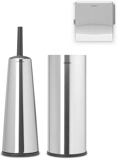 Brabantia 3 Piece Toilet Accessory Set (Matte Steel) Toilet Brush & Holder, Toilet Roll Holder & Toilet Roll Dispenser (Drill/No Drill Wall Mounting) 10 Year