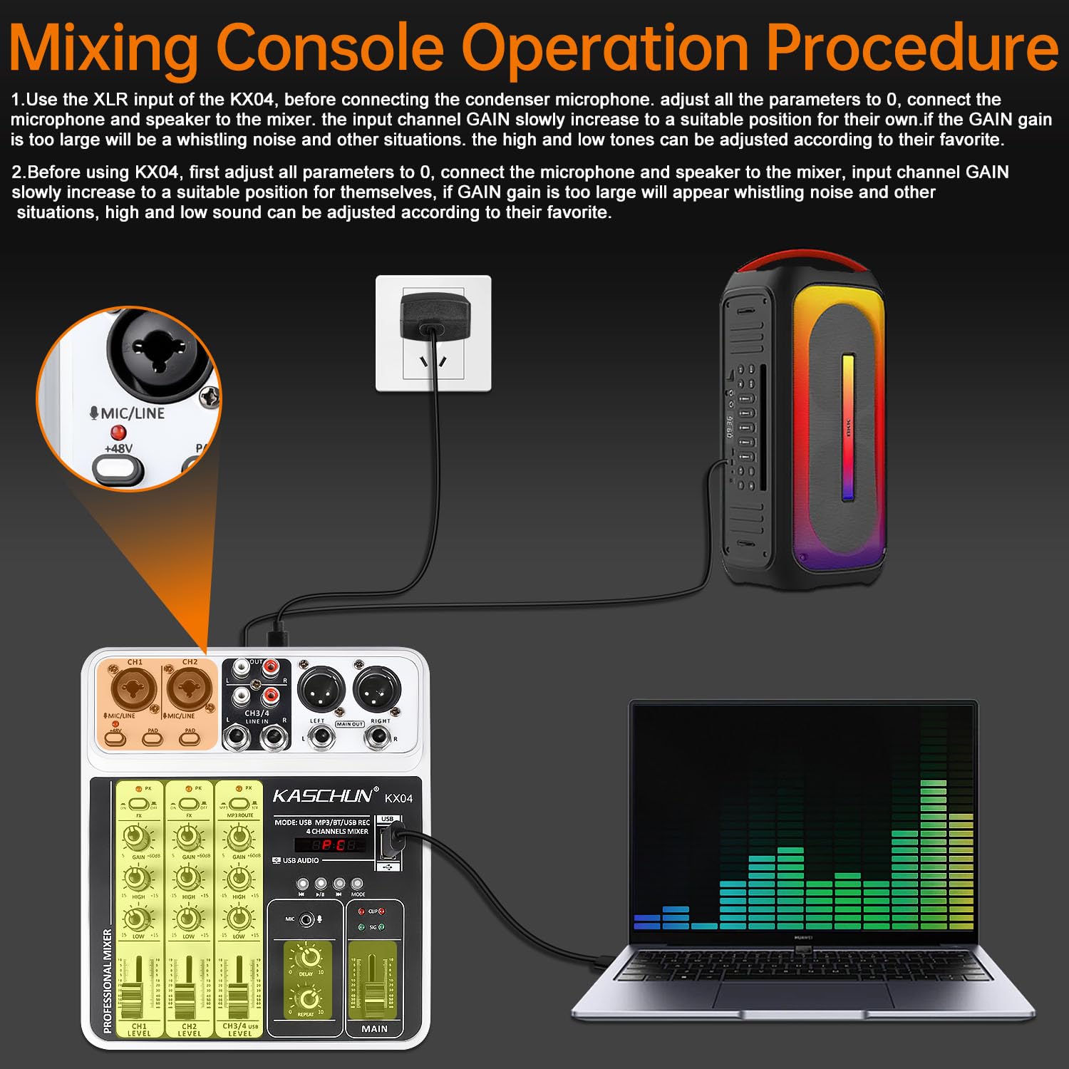 Professional DJ audio mixer, 4-channel DJ mixer, Bluetooth sound mixer, supports USB/MP3/BT computer input, 48V phantom power stereo studio audio mixer suitable for DJ studio streaming recording