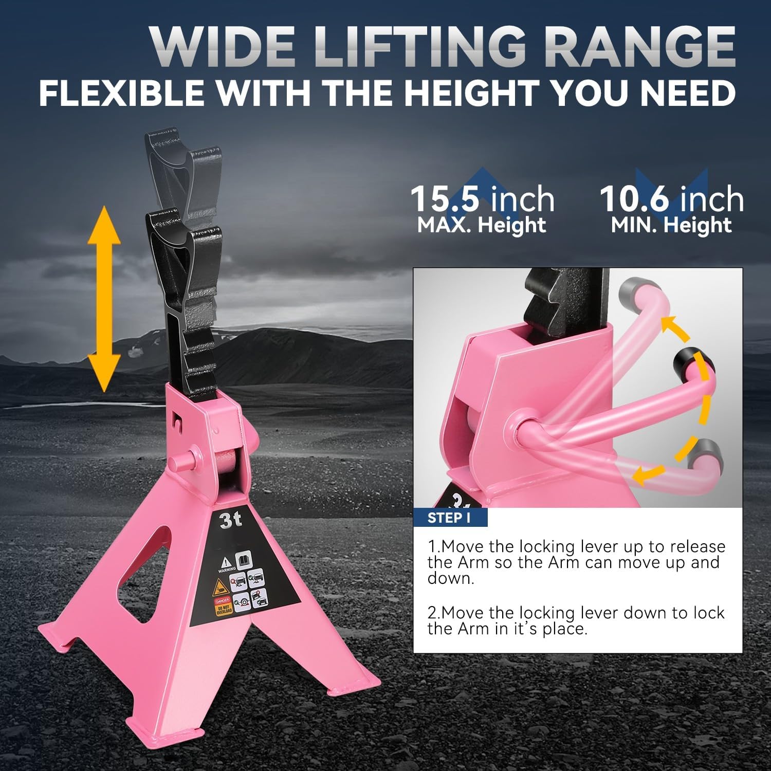 Auto Dynasty 2 pcs Jack Stands Garage Steel Lifting Car Stand Service Lift Floor Jack Stand, 3 Ton (6000 lbs), Lifting Range 10.6" to 15.5", for SUV, Car and Truck, Pink