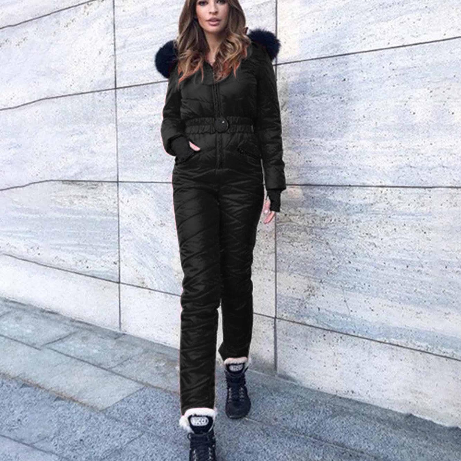 YAOJIWANG Combinaison de Ski pour Femme Une Pièce Combinaison Thermique Coupe-Vent Tenue Chic et Élégant Sweat avec Capuche Poches Vêtements de Extérieur pour Snowboard Ski Randonnée Sports