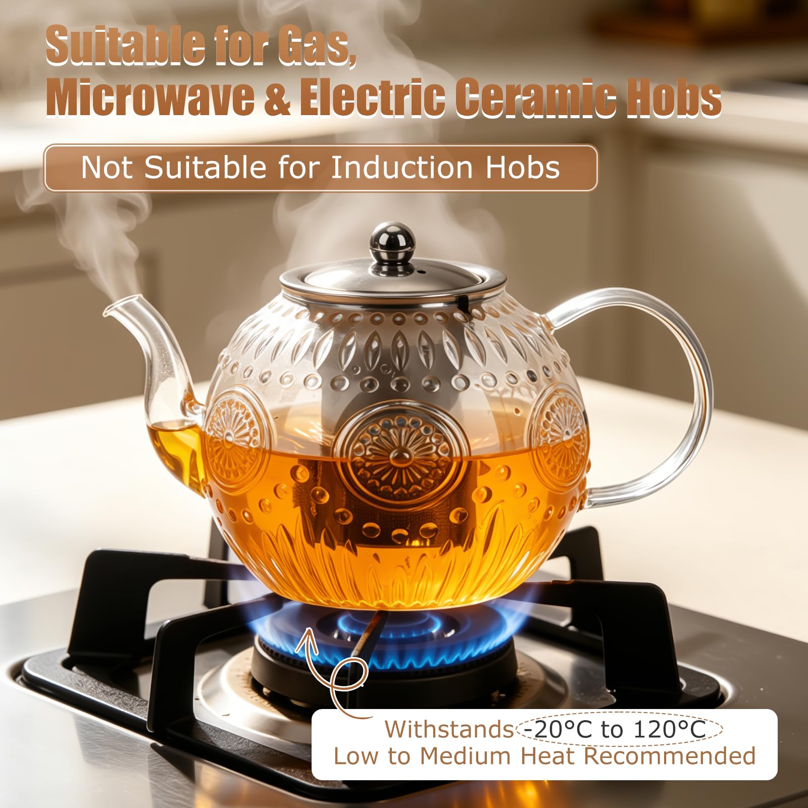 Teiera in vetro da 1500 ml, con infusore e sottopentola, per 4-6 tazze | Teiera in vetro borosilicato per foglie sfuse e tè in fiore, bustine di tè, lavabile in lavastoviglie e congelatore