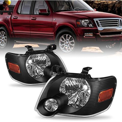 Headlight Assembly Replacement for 2006 to 2010 Ford Explorer Front Headlamp Pair Driver Passenger Side (Black Housing with Amber Reflector)