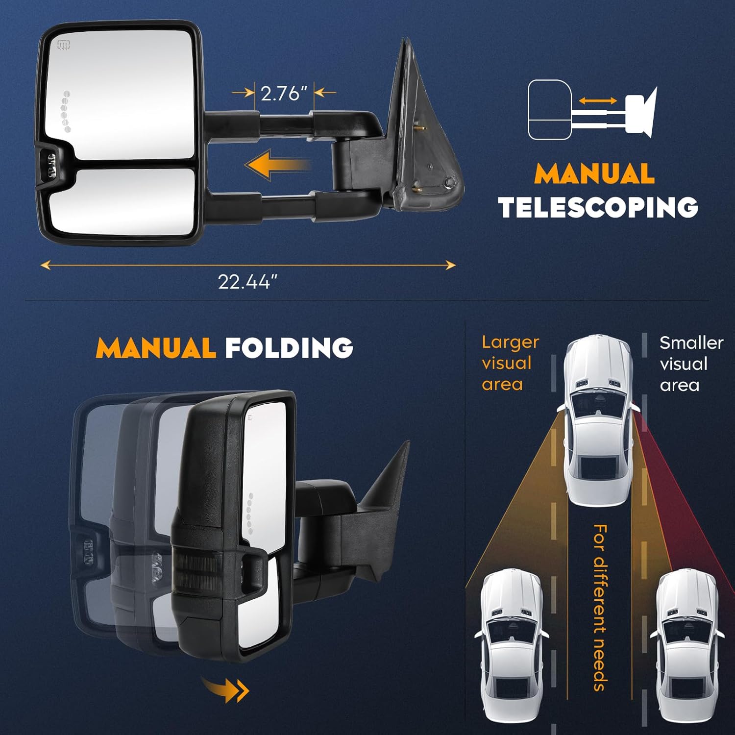 Towing Mirrors for Chevy GMC 2007-2013 Avalanche Silverado 1500 Suburban, 07-2014 Sierra 2500 3500 HD Tahoe Yukon Power Heated with Arrow Clearance Light Turn Signal Manual Folding Telescoping Pair