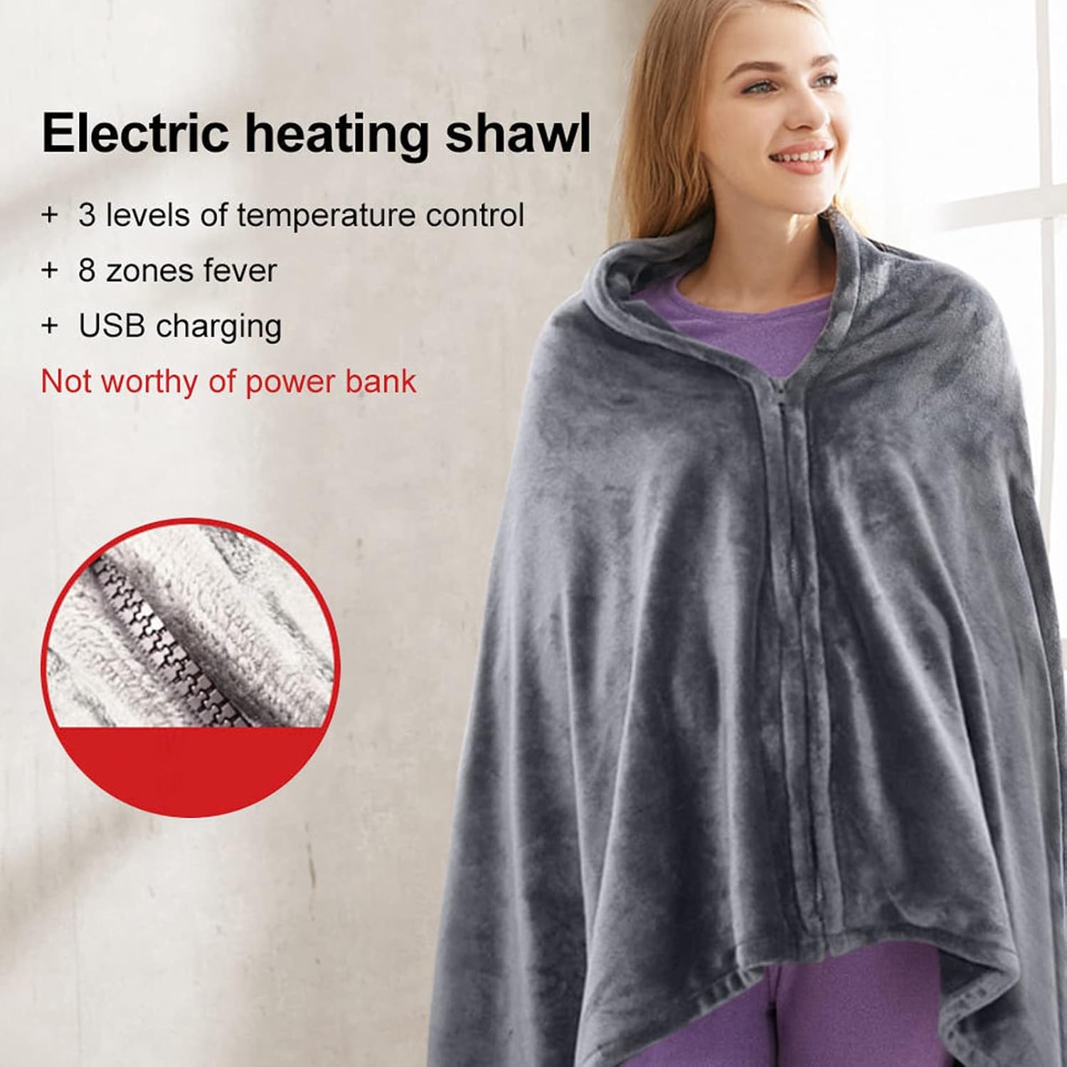Srliya Electric Heated Blanket 5V USB Powered 3 Levels Adjustable Fast Heating 150x85cm Heated Throw Cover for Office Gray