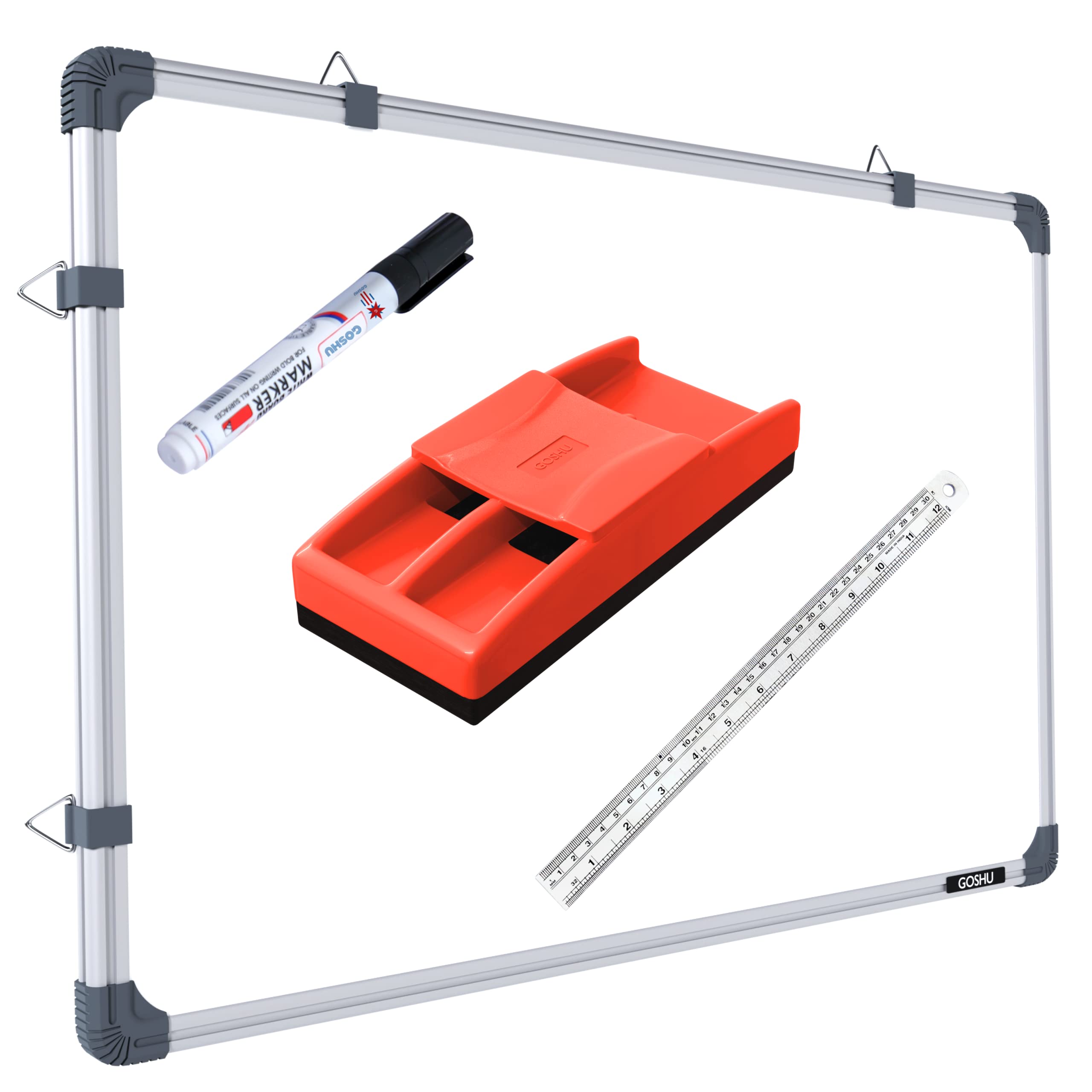 GOSHU Non Magnetic 2 feet x3 feet Double Sided White Board and Chalk Board Both Side Writing Boards Includes Non-Magnetic Duster, One Black Ink Marker and 30cm Scale (2x3 feet, Pack of 4 Items)
