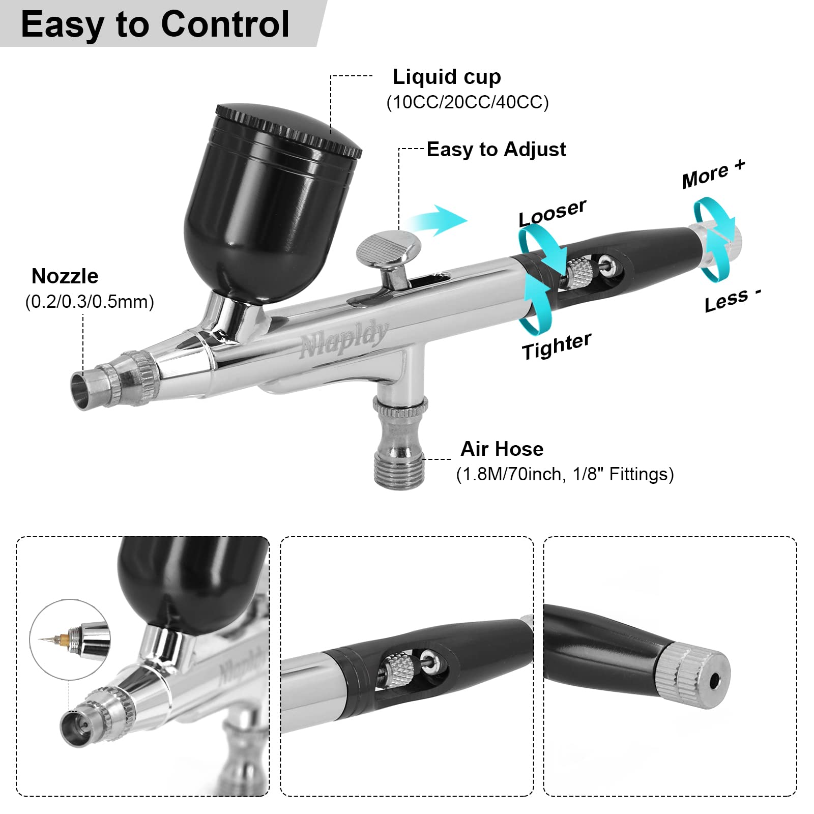 Kit Aerografo a Doppia Azione – Pistola Airbrush con Ugelli da 0,2mm/0,3mm/0,5mm, Tazze da 10cc/20cc/40cc, Tubo Aria e Set di Pulizia – Perfetto per Pittura, Nail Art e Tatuaggi