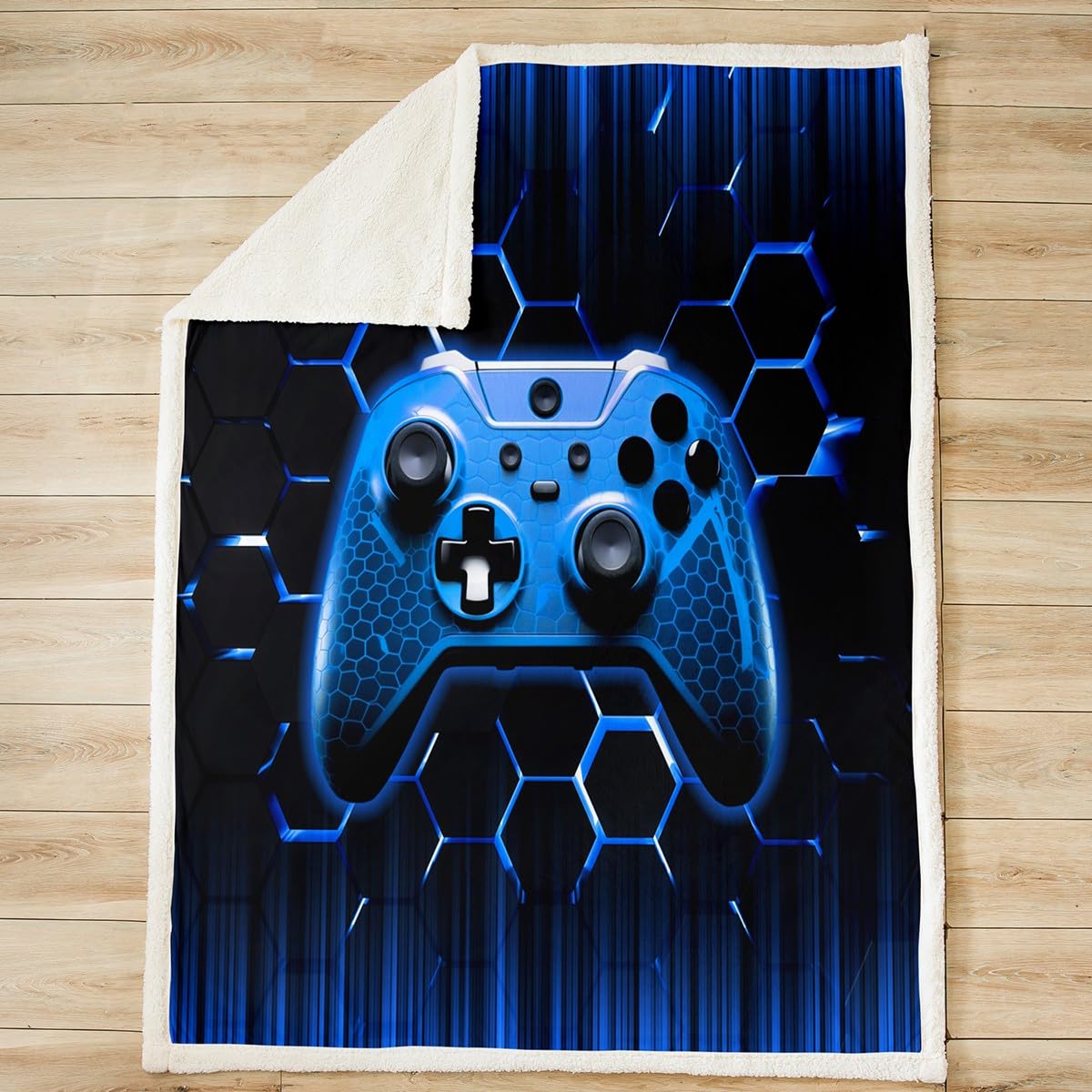 Manfei Coperta con motivo gamepad a nido d'ape, motivo geometrico blu, per bambini e ragazzi, moderna, in pile morbido e traspirante, 228 x 228 cm