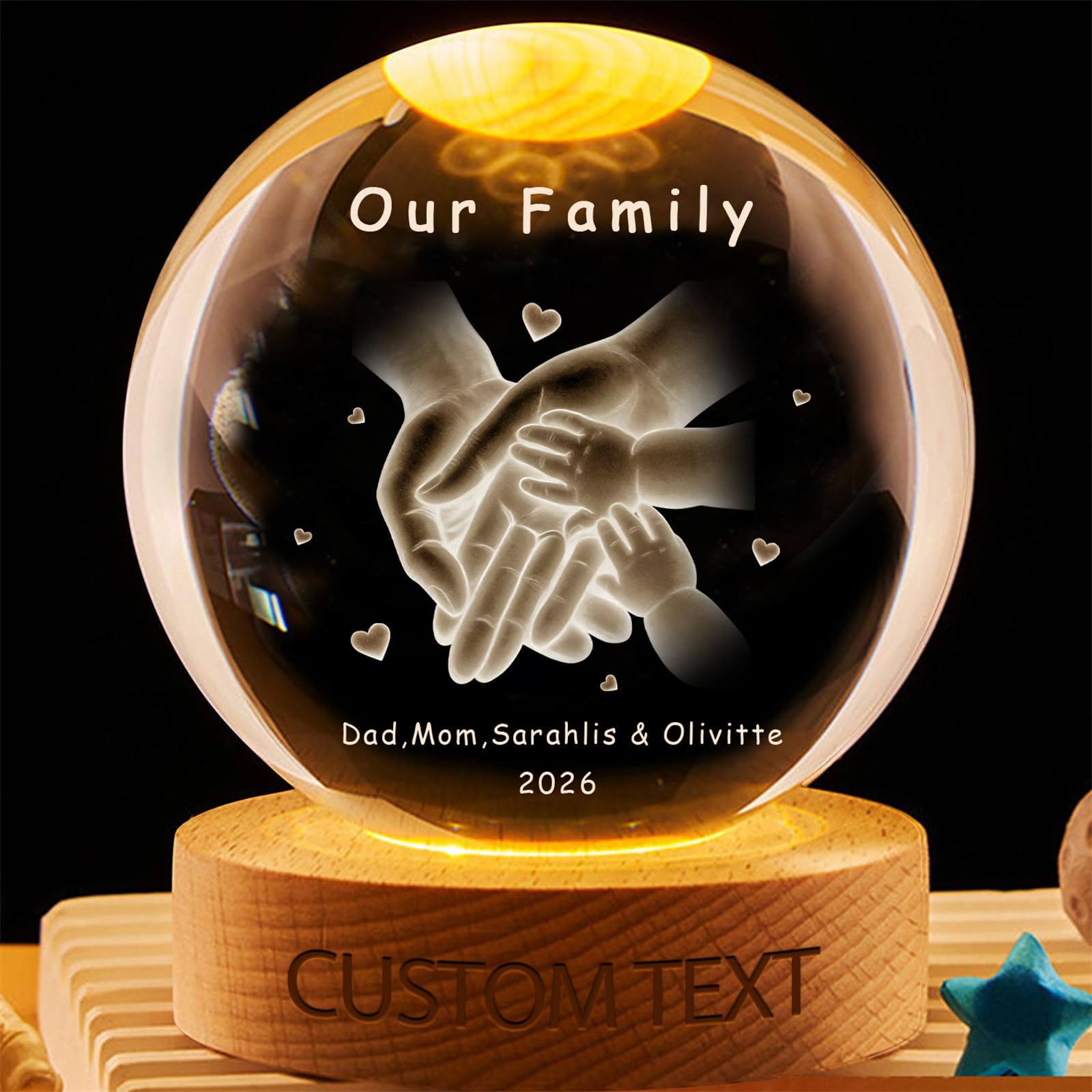 Wasetell Personalized Mother and Baby Crystal Ball Lamp Custom Our Family Crystal Ball Night Light Our First Mother's Day Glass Globe LED Night Light Family Keepsake for Dad Mom Birthday Christmas