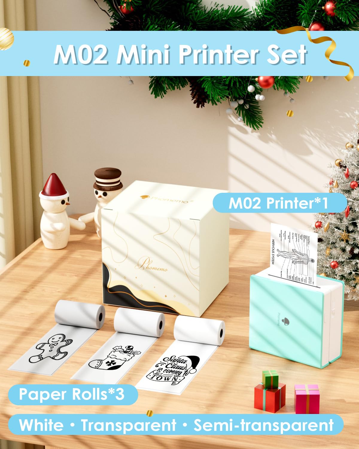 Phomemo M02 Impresora Portátil Móvil Mini Impresora de Fotos Impresora Térmica Bluetooth, Compatible con el Sistema iOS y Android, Viene con 3 Rollos de Papel, para Fotos, Texto, Creación - Verde