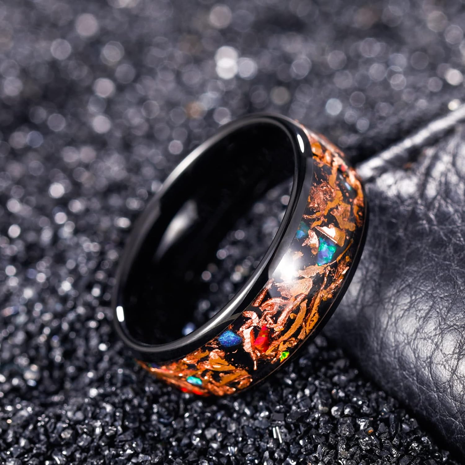 TRUMIUM 8mm Mens Wedding Band Tungsten Rings for Men Women Red Blue Opal Inlay Black Mens Rings Beveled Edges Comfort Fit Size 7-13 - Image 3