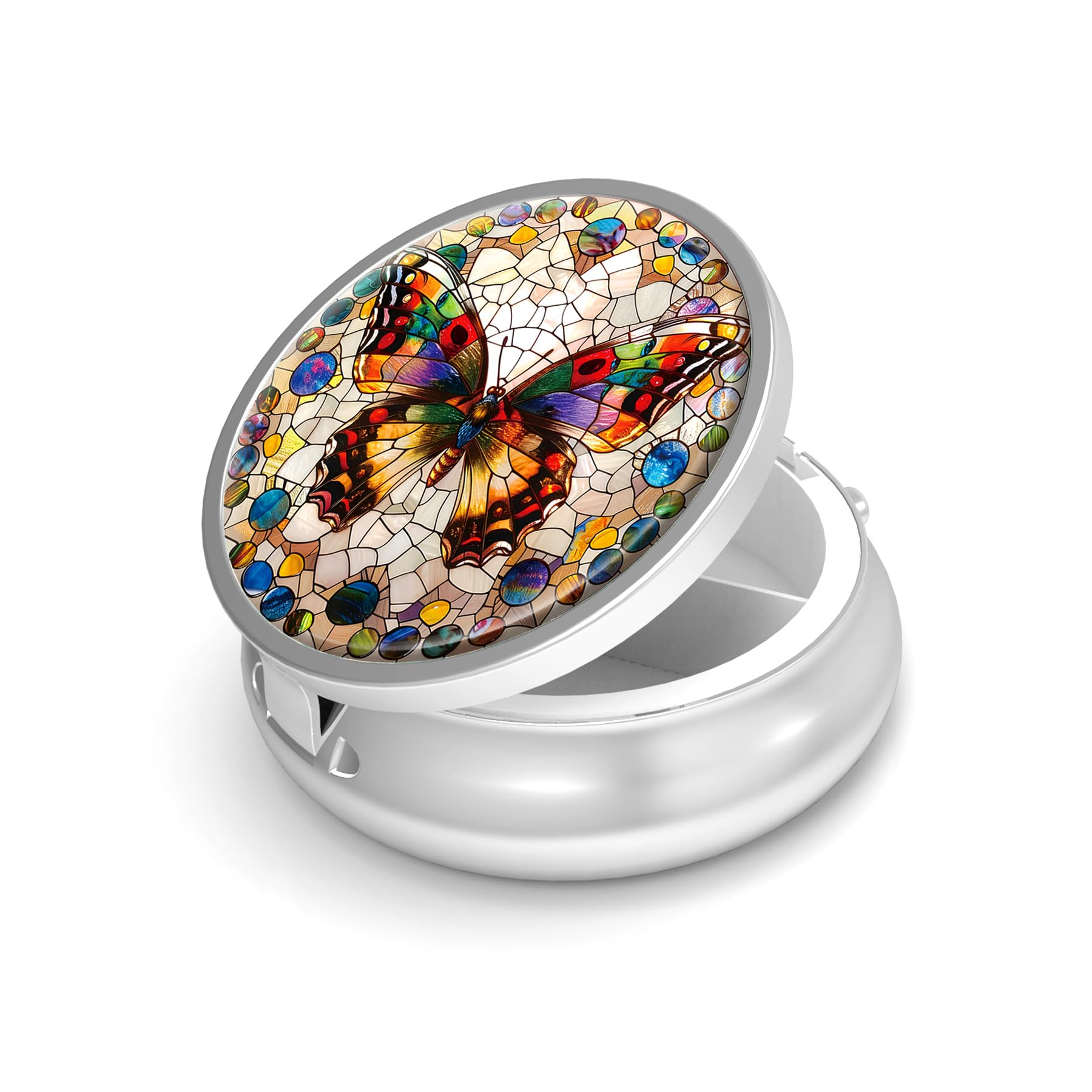 Pill Box-3 Compartment Small Pill Case for Purse & Pocket Mini Metal Pill Holder Travel Pill Container to Hold Supplements Vitamins BPA-Free (Gemstone