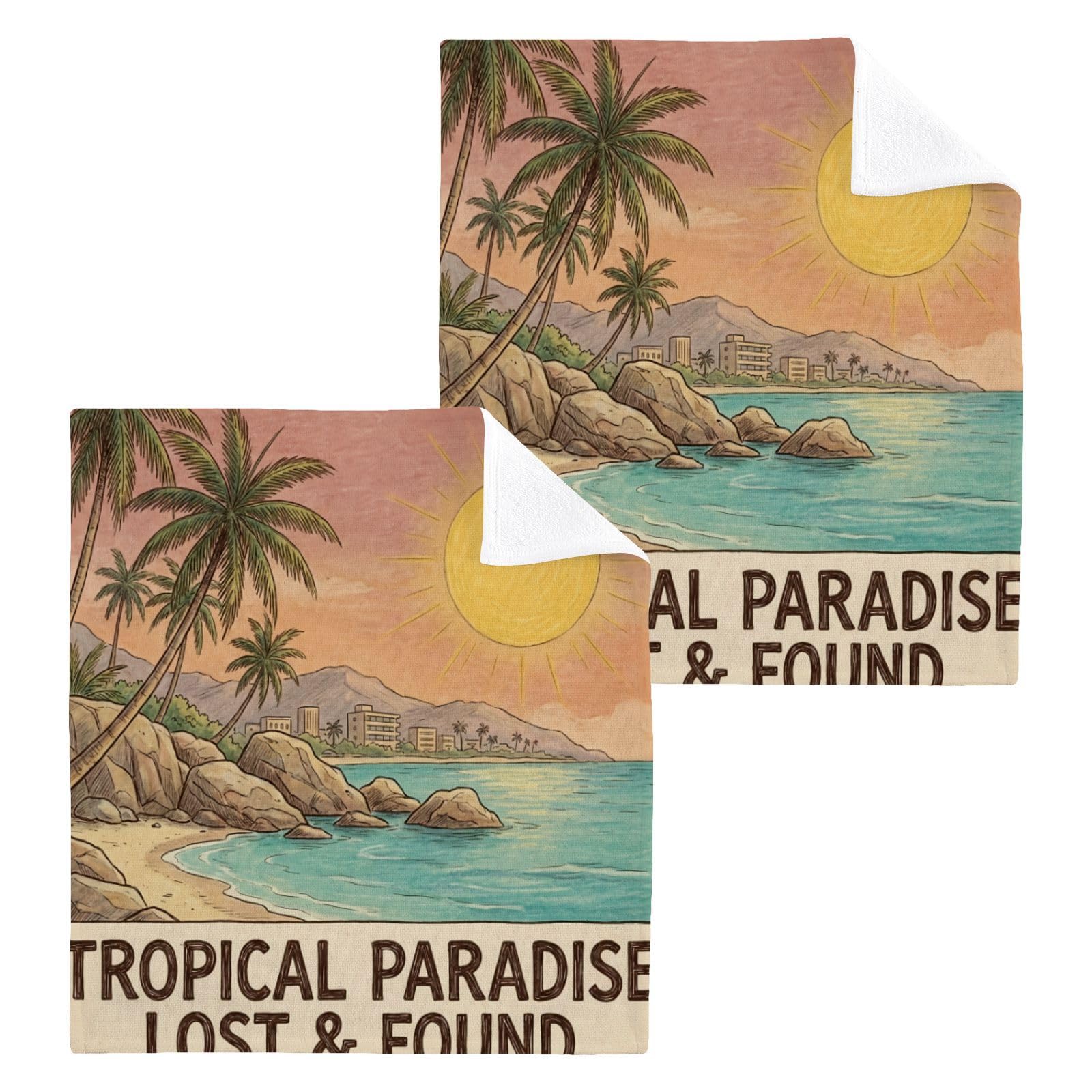 BOESI Tropical Paradise Illustration 12x12in Cotton Washcloth,Face Towel
