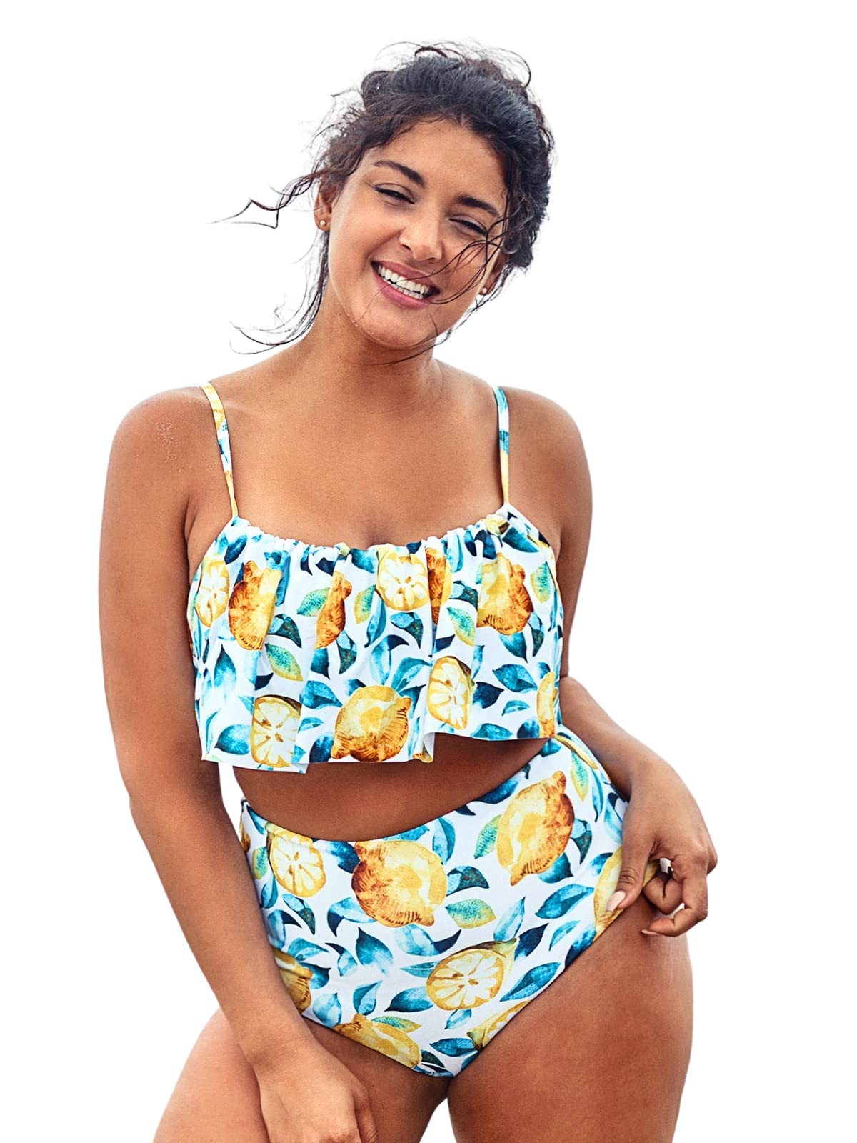 CUPSHE Women's Plus Size Bikini Set Leaf Lemon Printed Ruffles Swimsuit