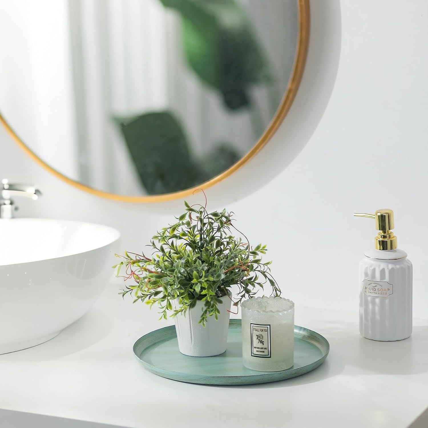 Sziqiqi Round Candle Tray Decor: Sage Green Decorative Tray for Coffee Table - 11-inch Farmhouse Metal Tray for Living Room Kitchen - Image 3