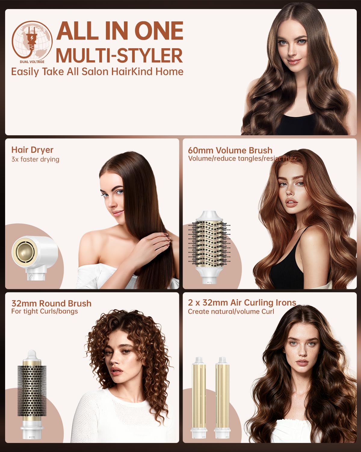 webeauty Doble Voltaje Moldeador Pelo 6 en 1 Cepillo Secador de Pelo Blanco