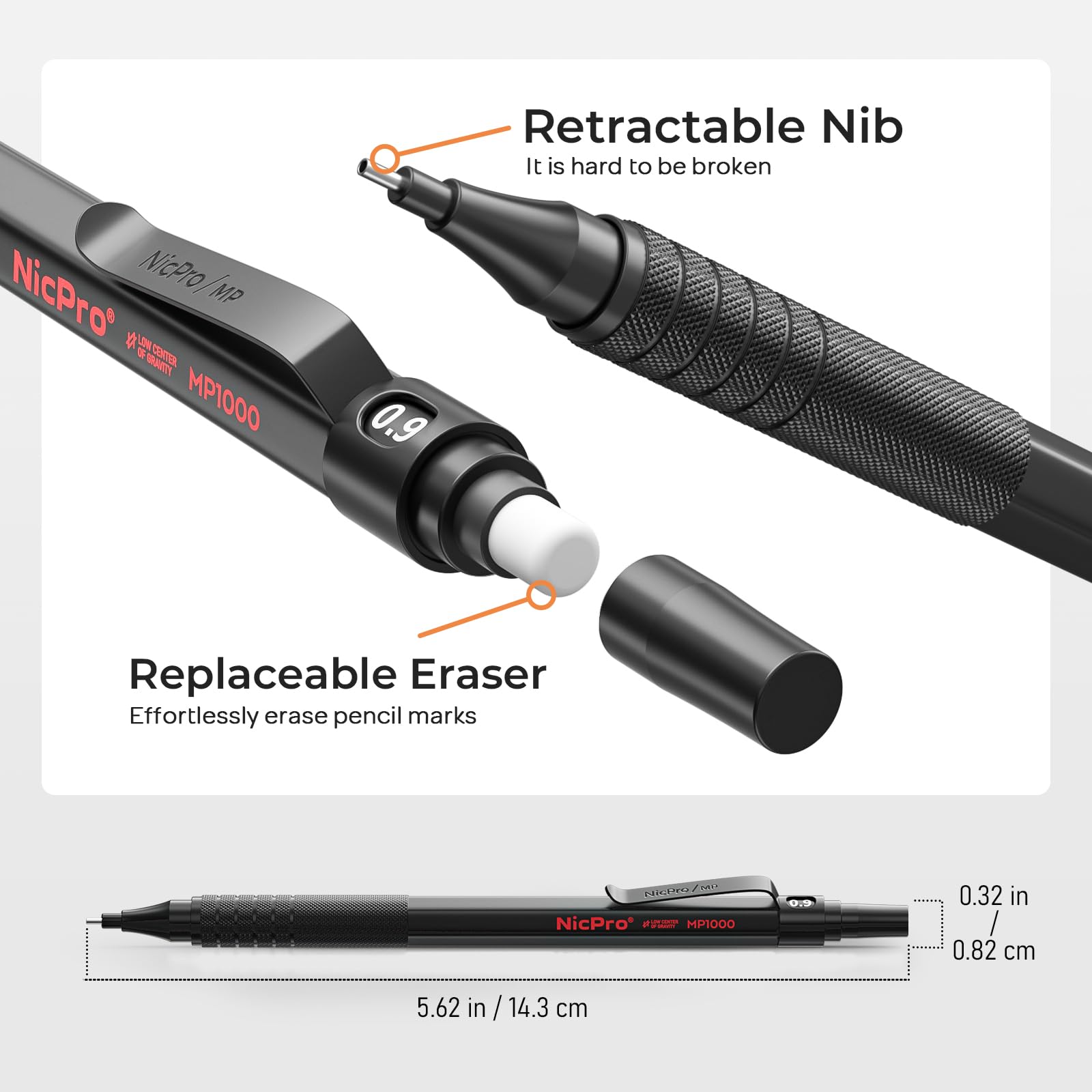 Nicpro Mechanical Pencil Set Metal 0.9mm Black 0.9 Drawing Pencils