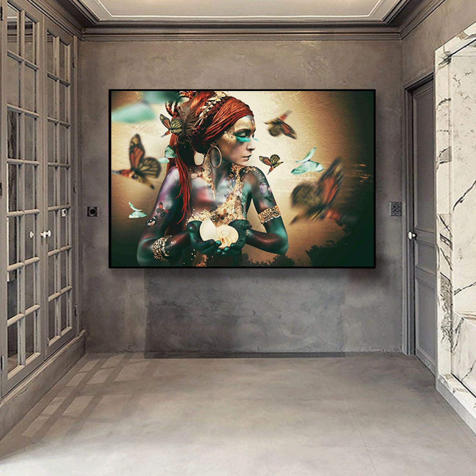 Yooyu Cuadros de pintura de lienzo de mariposa de mujer africana, carteles e impresiones, cuadro de arte de pared escandinavo para decoración de sala de estar, 40x70cm (16x28in), marco dorado