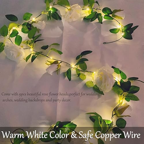 Miniatura 5 de Guirnalda de flores artificiales con 20 luces LED, 6.56 pies colgantes de rosas y vides, guirnalda de luces decorativas para jardín, boda,