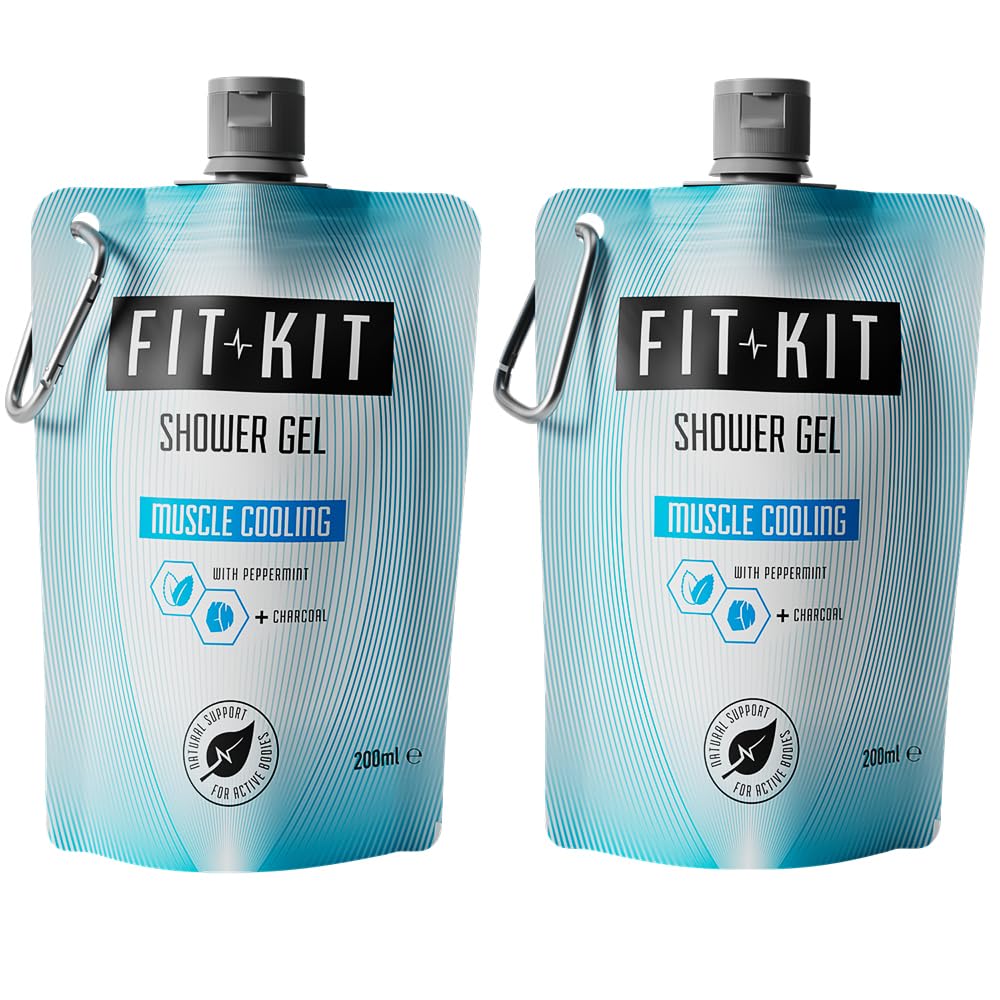 Fit Kit Muscle Cooling Sports Shower Gel Set | Post Workout Body Wash Infused with Peppermint Oil & Charcoal for Recovery from Muscle Soreness & to Cool Down after the Gym | Pack of 2 x 200ml Pouches