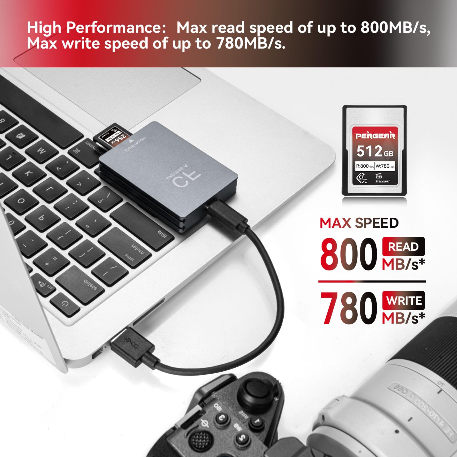 Pergear 512GB CFexpress tipo A da Scheda di Memoria, Velocità di Lettura Fino a 800 MB/s e Velocità di Scrittura 780 MB/s per Registrazione 4K 120P, 8K 30P, (Serie Standard)