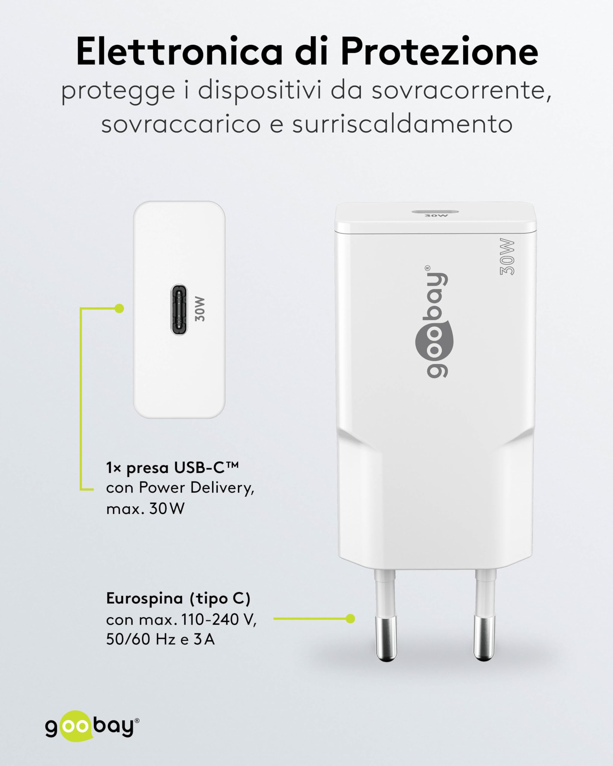 goobay Caricatore USB C GaN da 30W, adattatore di alimentazione super sottile con Power Delivery, per MacBook Air, iPhone, Samsung Galaxy, iPad Pro, Pixel - bianco - 75736