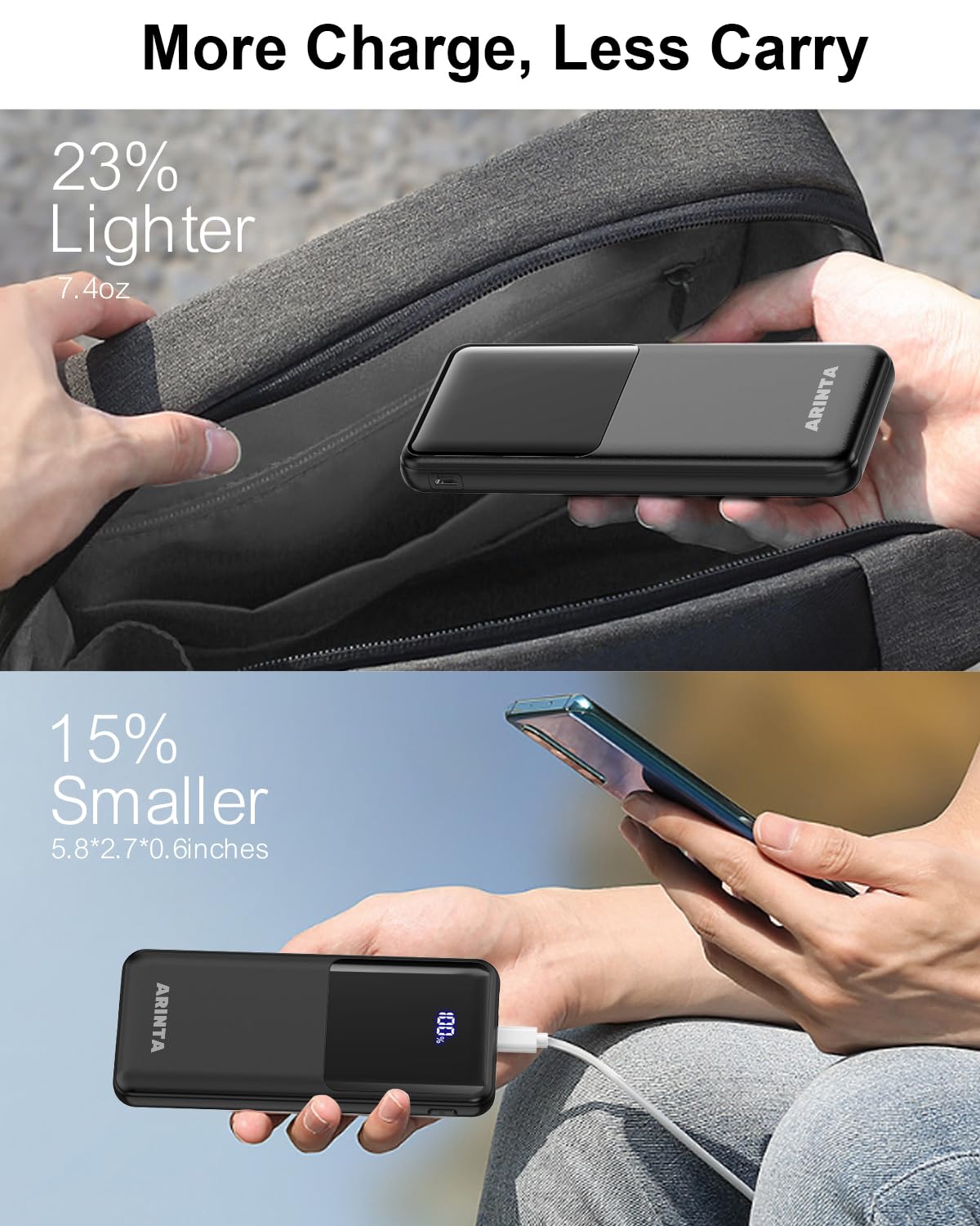 Power Bank Caricabatterie portatile 10000 mAh PD 22,5 W, batteria sottile con display a LED e ingresso/uscita USB-C, compatibile per iPhone 16 15 14 13 12, Galaxy S24 23 22 21, tablet, ecc