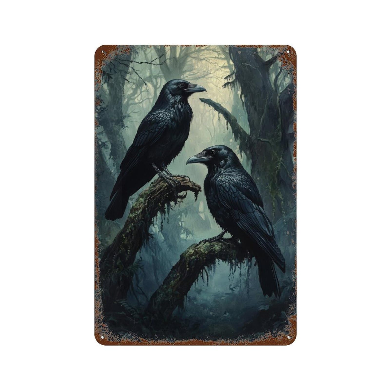Ravens Cottagecore Dark Academia Decor Antique Bird Illustration Woodland Rustic Vintage Wall Decor Art Metal Tin Poster Modern Home Decor Art Home Bar Shop Decorations Vintage Sign 30x20cm