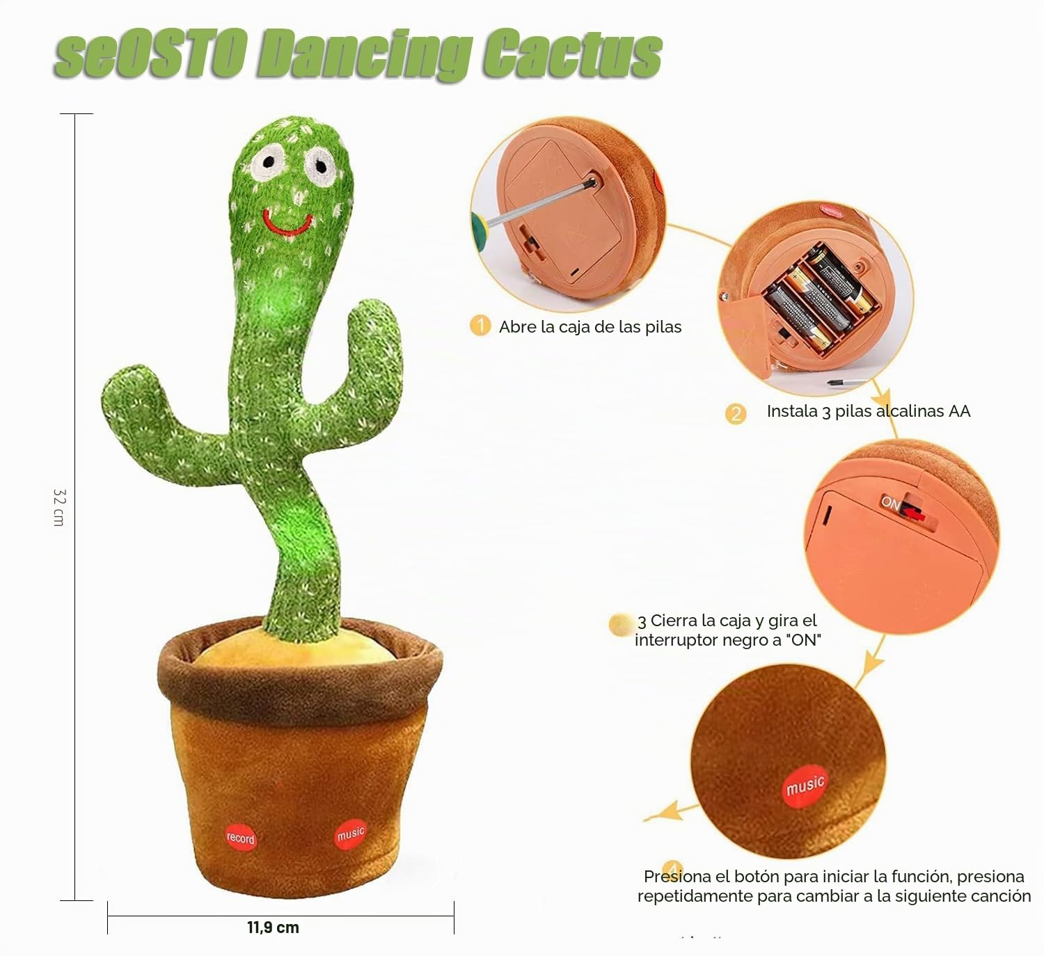seOSTO Cactus Bailarin, Juguete de Peluche Que Baila y Repite tu Voz, con Canciones, Dancing Toys Que Habla Regalos Adecuados para Niños