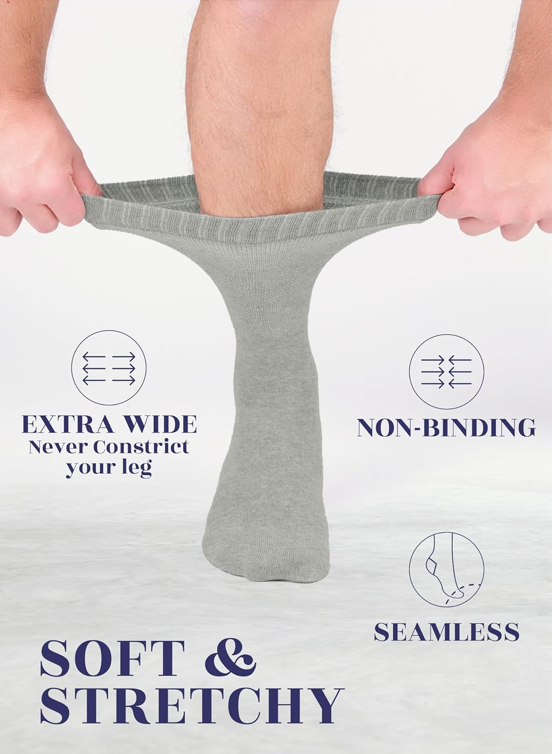 Hugh Ugoli Diabetic Socks for Men, Non-Binding, Moisture Management, Loose Fit, Wide, Seamless, Edema Neuropathy, Size M/L/XL - Image 2