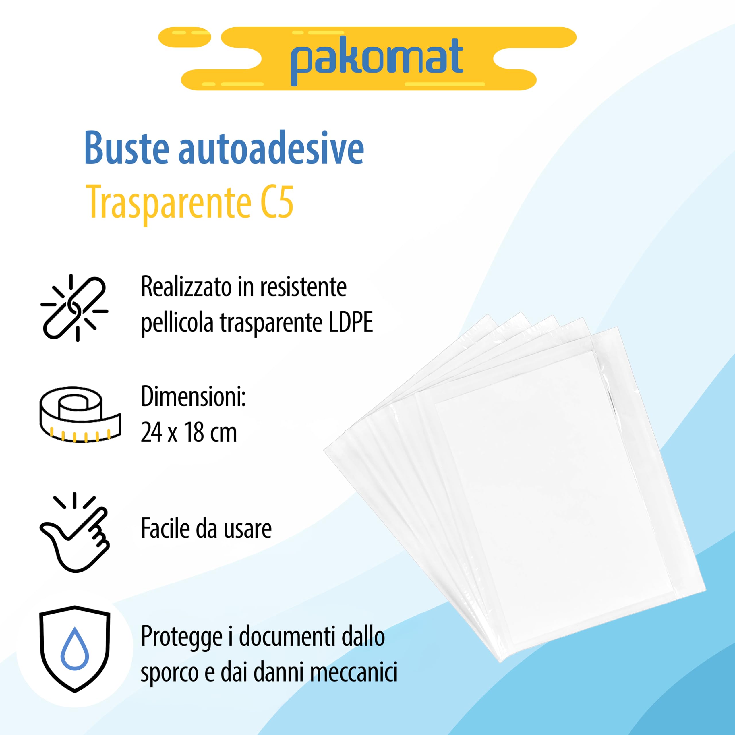 Pakomat Buste portadocumenti DIN C5 per formato A5, trasparenti autoadesive (1000)