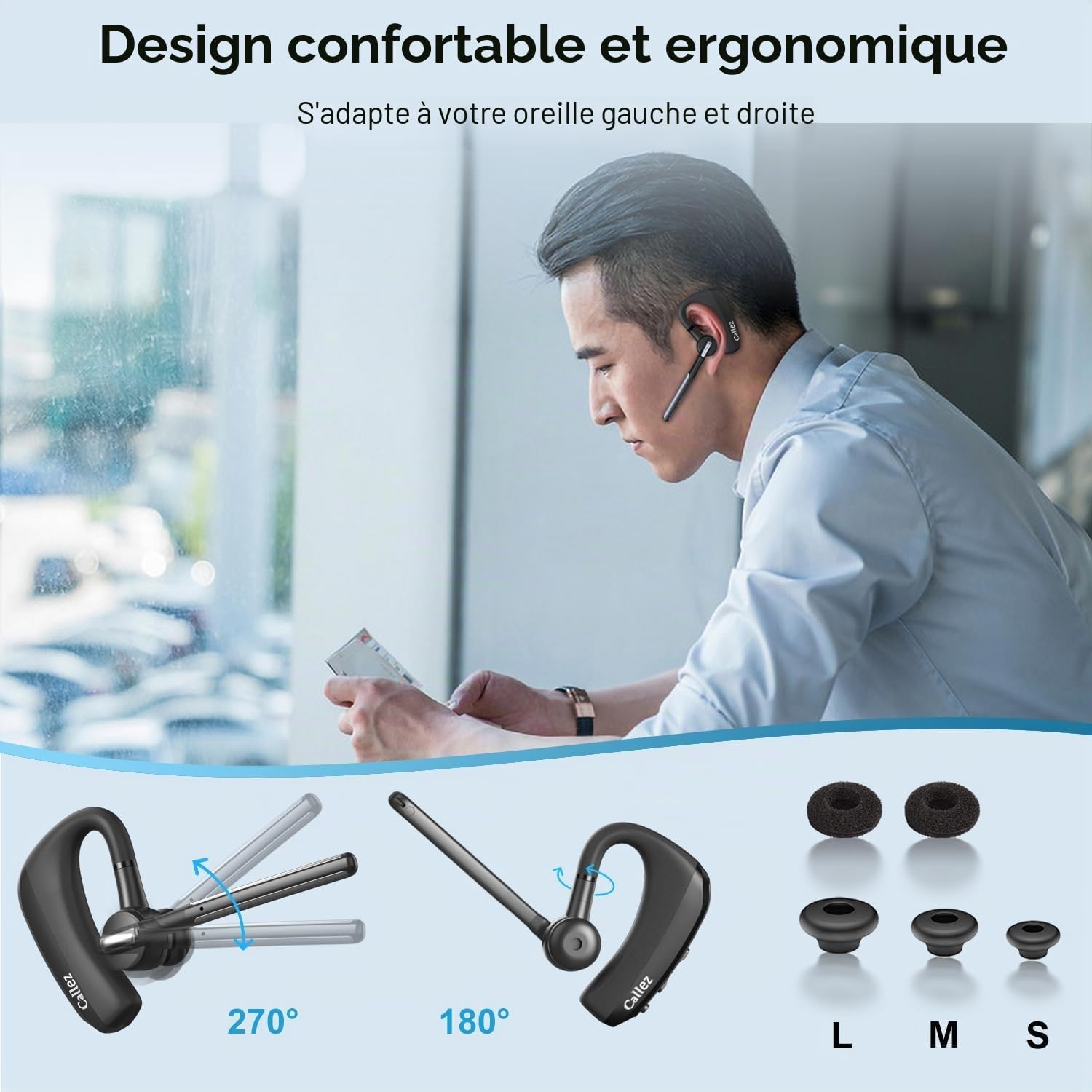 Callez Oreillette Bluetooth sans Fil pour iPhone Samsung Téléphone Portable, Casques Bluetooth Mono Écouteur V5.0 Main Libre avec Double Micro CVC8.0 ENC Antibruit pour Conduite Affaires Bureau