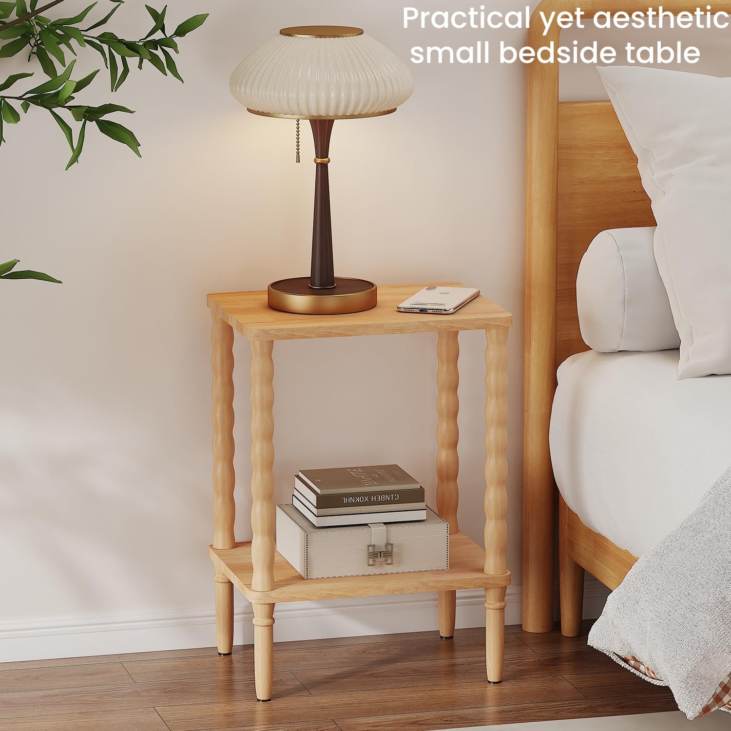 Solid Wood Side Table, Small Retro End Table, Narrow Couch Side Table with Storage Shelf, Skinny Bedside Table Nightstand for Small Space, Bedroom, Living Room, Farmhouse, No-Tool Assembly.