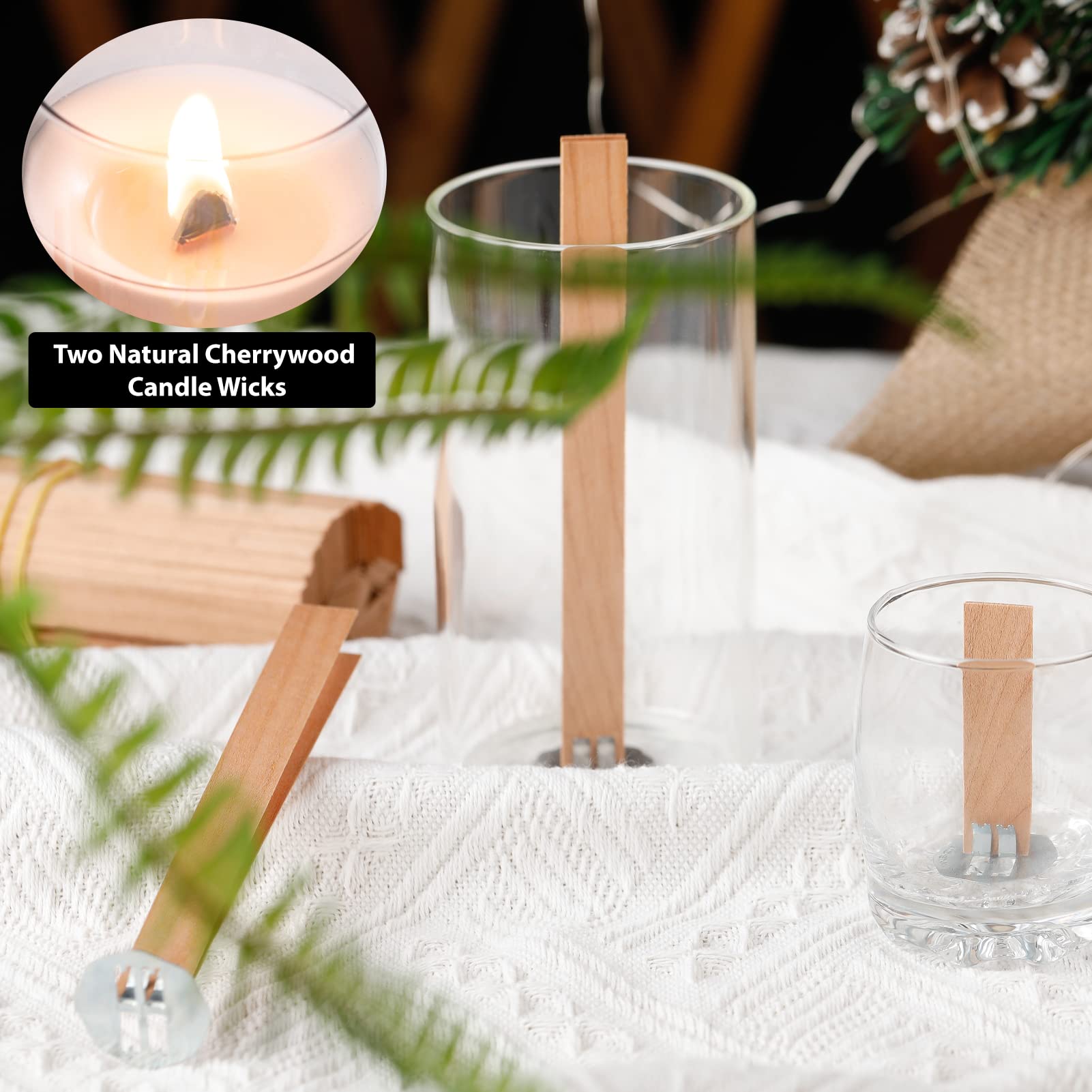 50 Set Cherry Wood Candle Wicks With Bases - Smokeless, Crackling Wooden Wicks For Candle Making