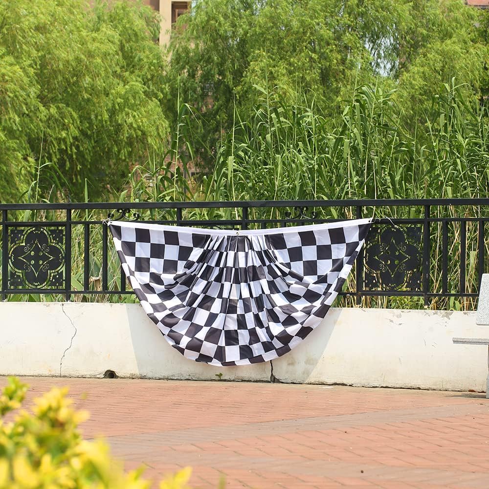 Checkered Racing Outdoor with Chequered Pleated Bunting 3 x 6 Ft Checkered Pleated 2 Pcs Fan Flag Banner Indoor/Outdoor/Front Porch Decorations, Black and White Racing Half Fan Flag Patriotic Holiday decorations, Sporting Events.