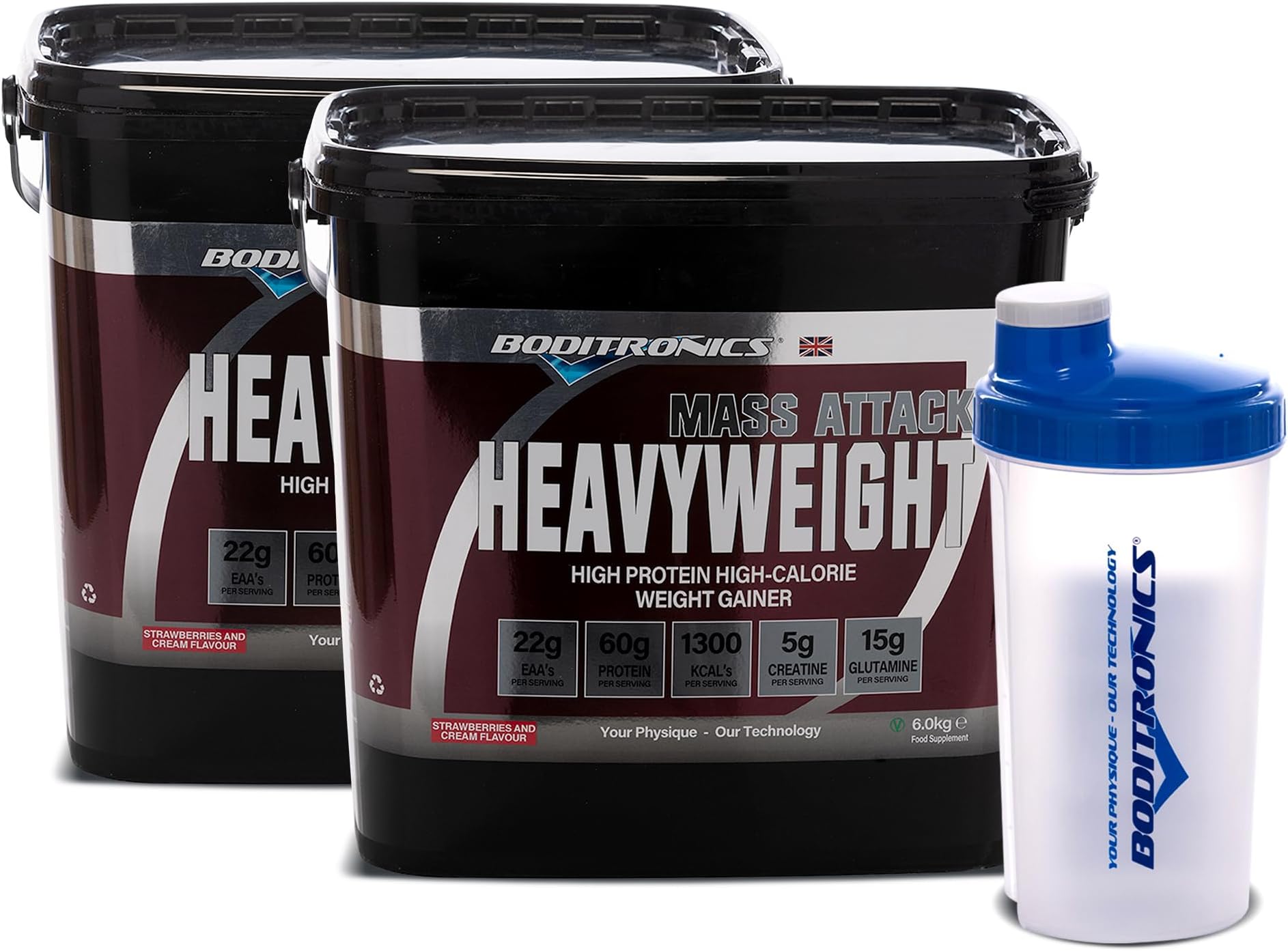 Boditronics Mass Attack Heavyweight Mass Gainer Powder with Free Shaker, High Protein and High Calorie Weight Gainer Protein Powder 5g Creatine, BCAA, Glutamine & Beta Alanine (Strawberries & Cream)