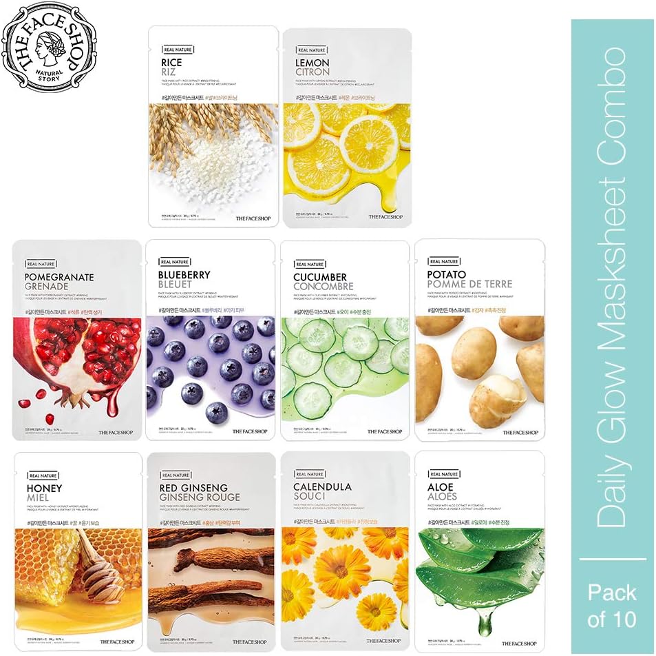Real Nature Daily Glow Mask Sheet, 200 g Unisex Combo Pack of 10, Multi
