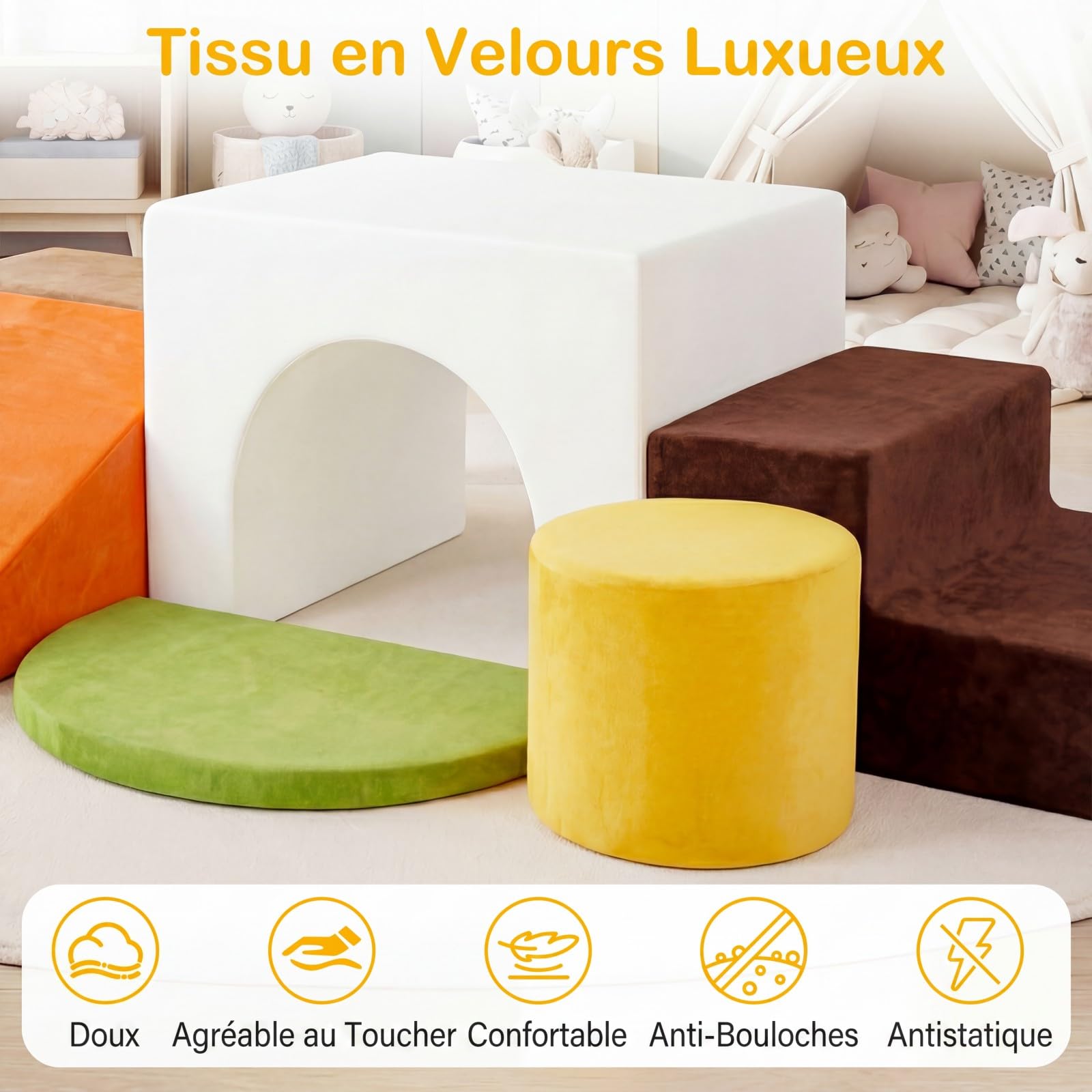 COSTWAY 6PCS Parcours Motricité Bébé en Mousse avec Housse Amovible et Lavable en Velours, Module Motricité Bébé avec Diverses Couleurs & Formes, Jouets Éducatifs Intérieur pour Ramper Grimper (Blanc)