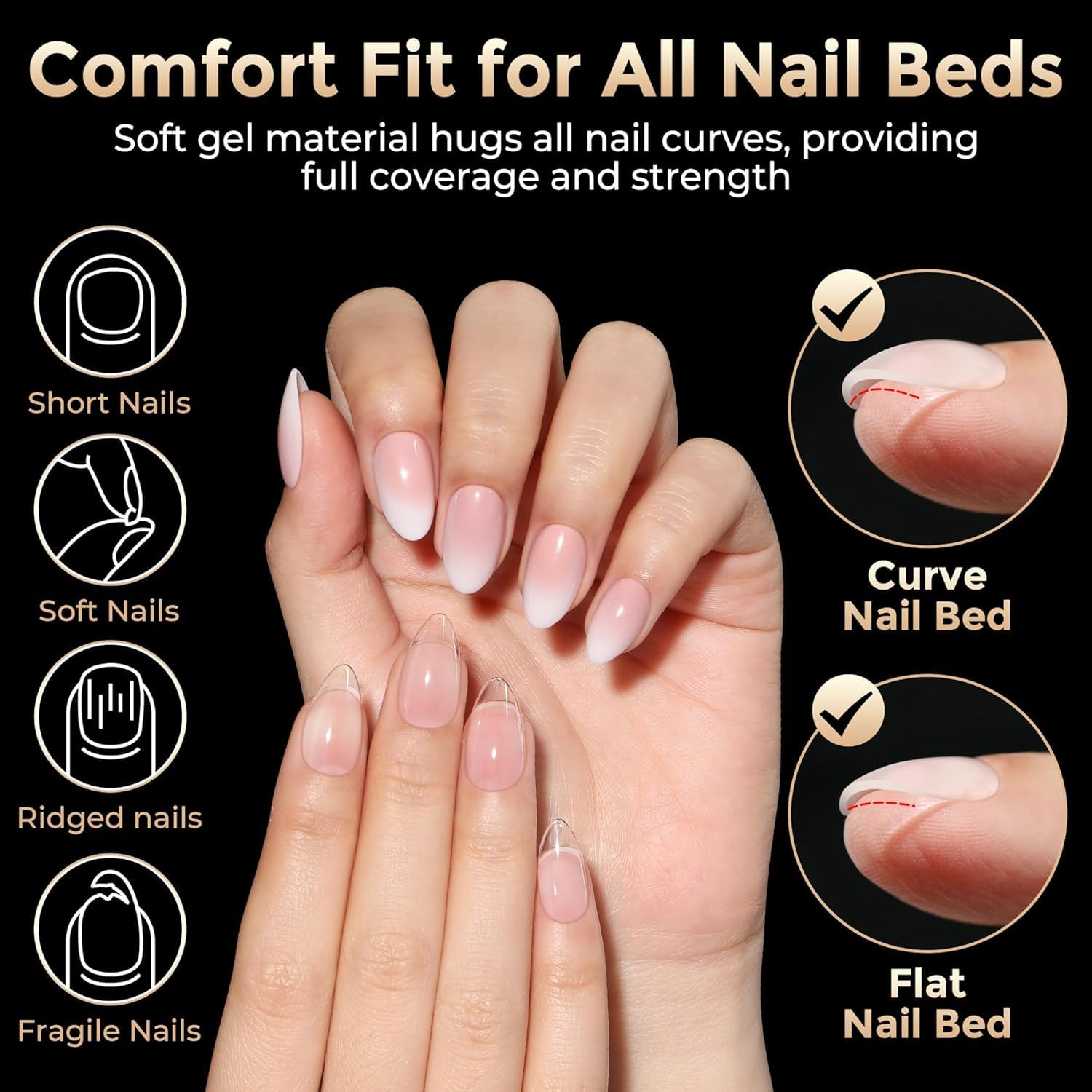 Short Almond Nail Tips: 504pcs Pre-Etched Soft Gel Nail Tips, Tri-Layer Core Short Fake Nails, 12 Sizes Half Matte Full Cover Clear Press on Nails Extension DIY for Flat & Natural Nail Beds
