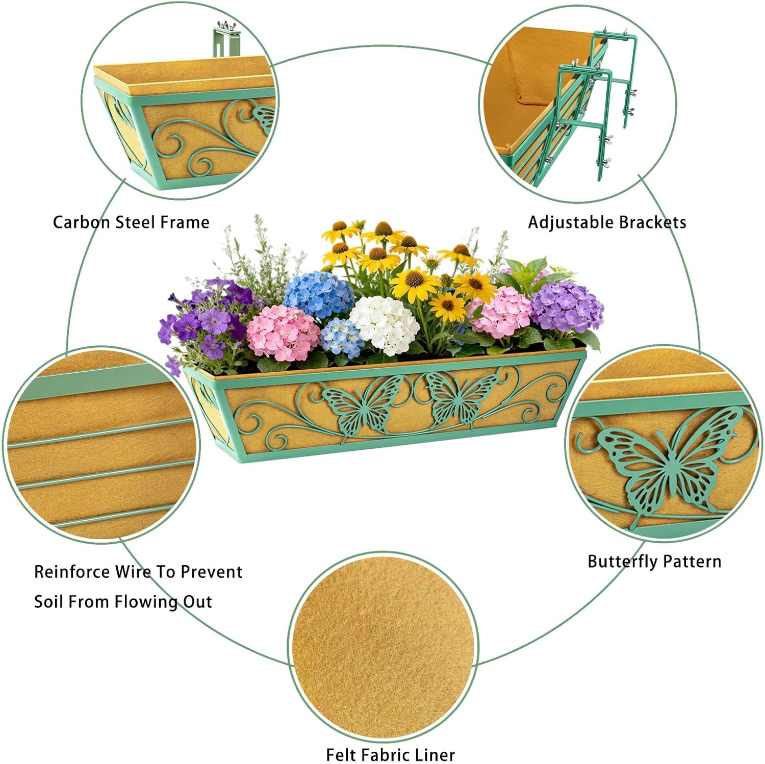 2 Pack 24 Inch Window Boxes Planter Railing Planters Box with Adjustable Brackets for Porch Deck Balcony Hanging Butterfly Decorative Flower Baskets & Non-Woven Fabric Liner for Outdoor Plants - Green