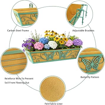 2 Pack 24 Inch Window Boxes Planter for Outdoor Plants Deck Railing Planters Box with Adjustable Brackets for Porch Fence Balcony Hanging Flower Baskets with Liner for Garden Decor - Green