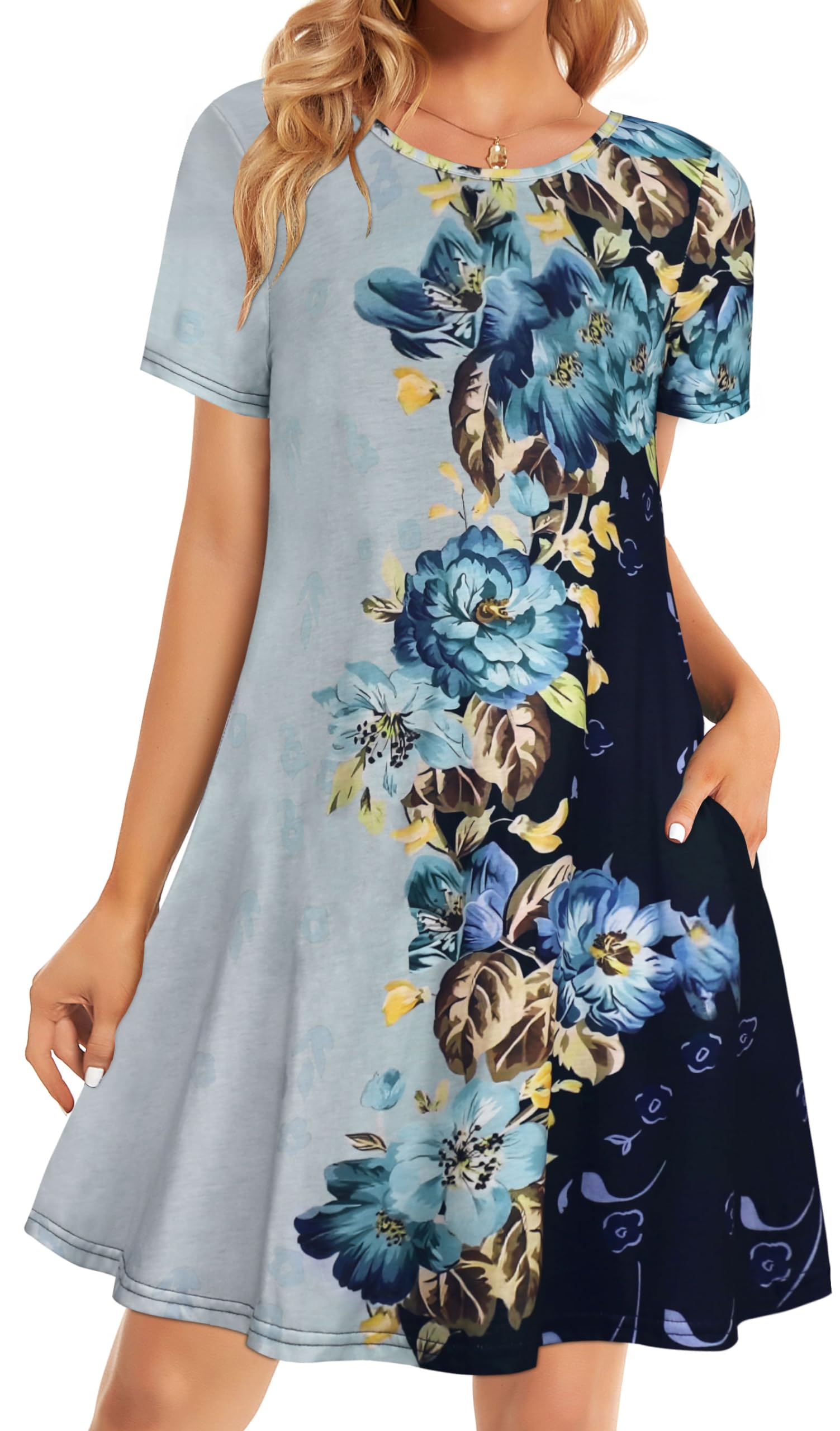 elescat Womens Summer Dresses Casual Loose Tshirt Floral Pockets Sundress | 2026 Boho Flowy Short Sleeve Dress, Two Hidden Pockets, Loose Beach Cover Up, Solid or Floral, Fashion Vacation Outfits