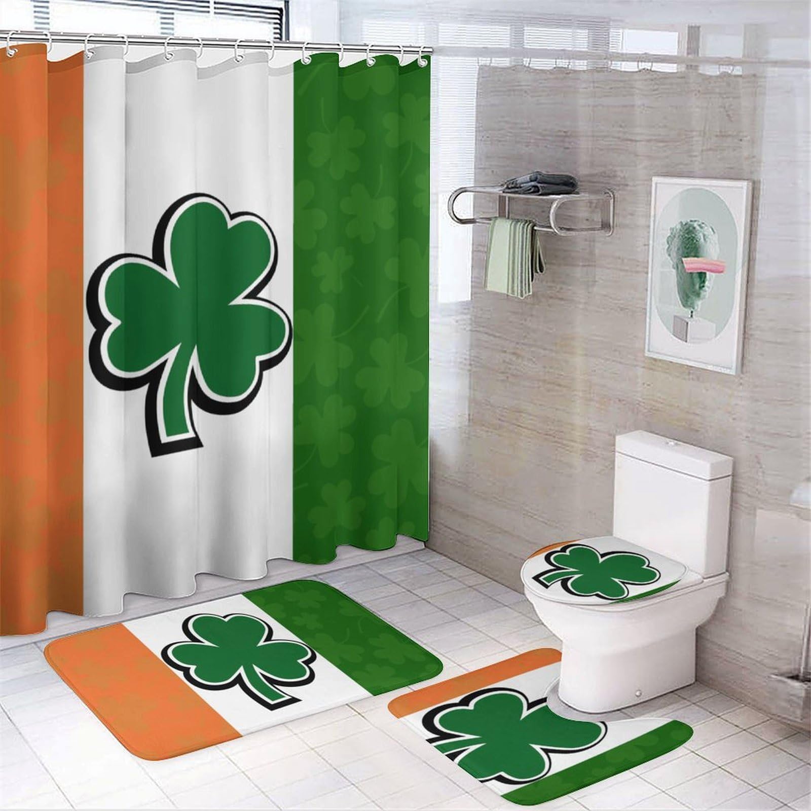 CGSBNGHA Irish Flag With Shamrock Pattern Shower Curtain Set 4 Piece Bathroom Sets with Rugs Toilet Lid Cover And U-Shaped Floor Mat