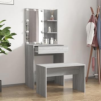 Dressing Table Set with LED Grey Sonoma Engineered Wood,Dressing Table with LED Lights, Vanity Table with Brightness Mirror, Makeup Desk with Drawers and Open shelves, Wooden Modern Bedroom Dres