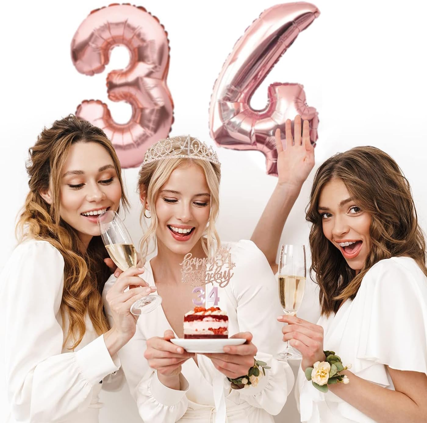 34th Birthday Decorations for Her Women, Including 34 year old Birthday Cake Topper, Queen Sash with Pearl Pin, Sweet Rhinestone Tiara Crown, Number Candles and Balloons Set, Rose Gold - Image 5