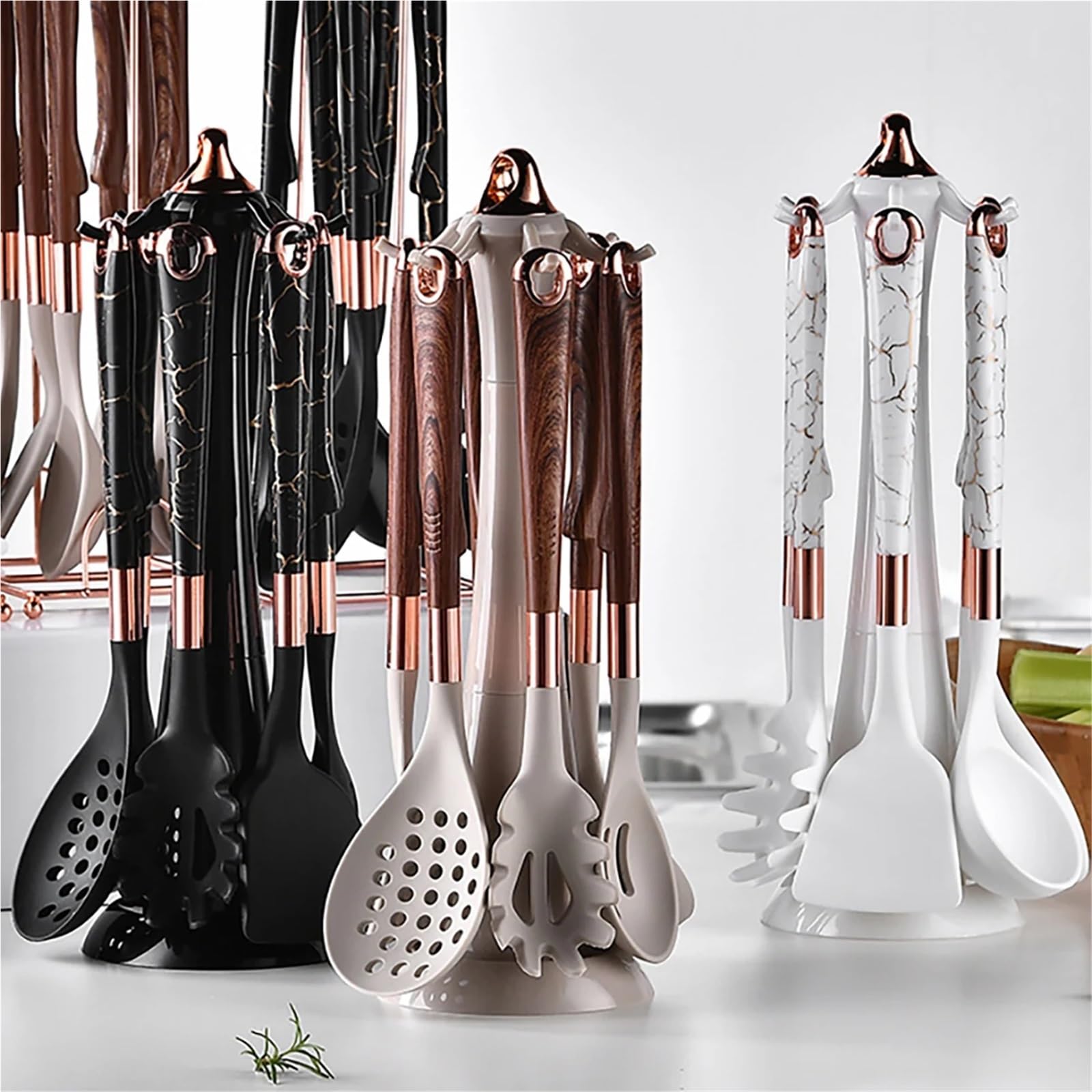 Silikon Küchenhelfer Set 8-teiliges Silikon-Küchengeschirr-Set, Topf, Schaufel, Suppenlöffel, Spaghetti-Klaue, Kochen mit Aufbewahrungsregal(Black A)