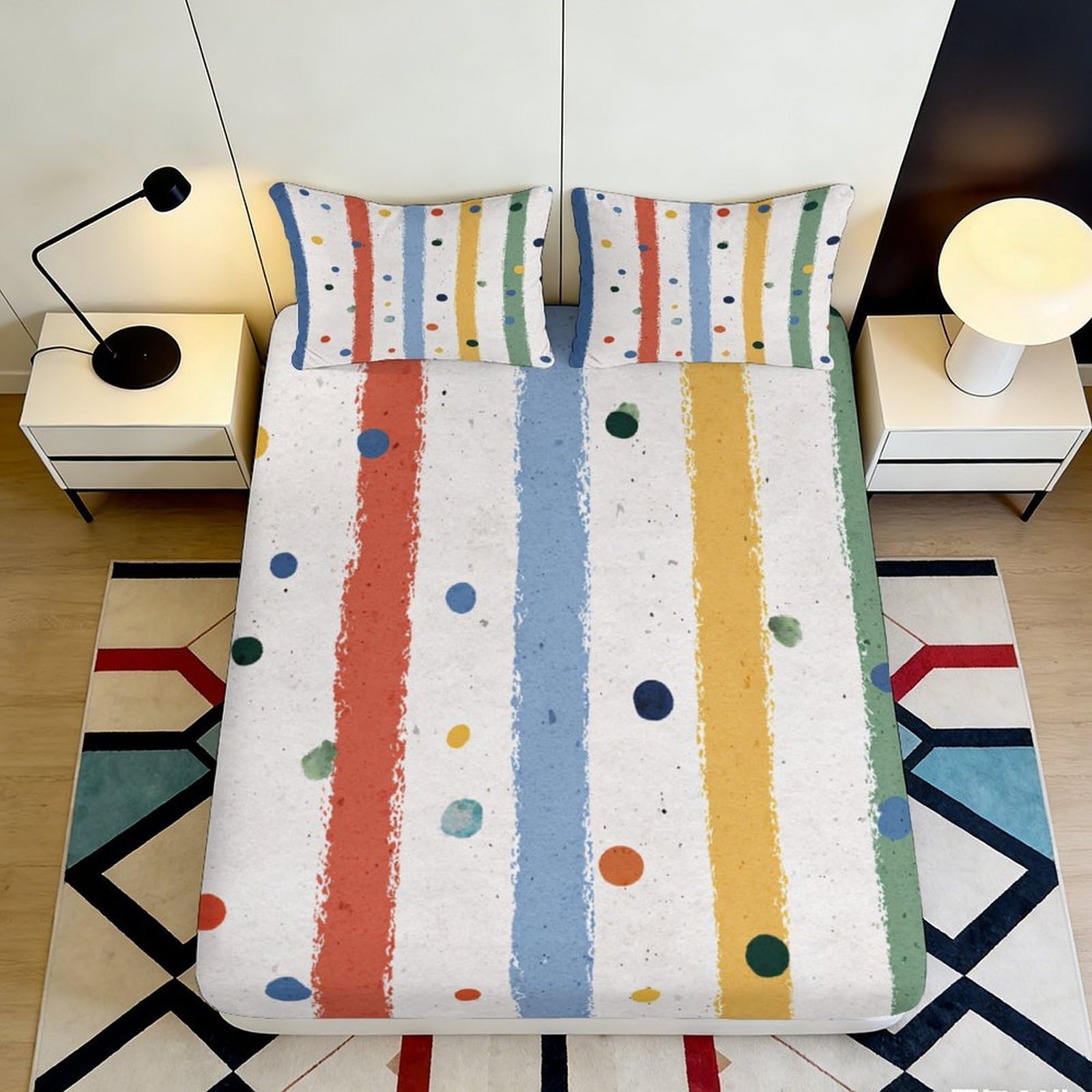 3D Printed Colorful Stripes Fitted Sheet Microfiber Soft Bedroom Decor Polka Dot Mattress Cover Dorm Easy Care 90x200x25cm