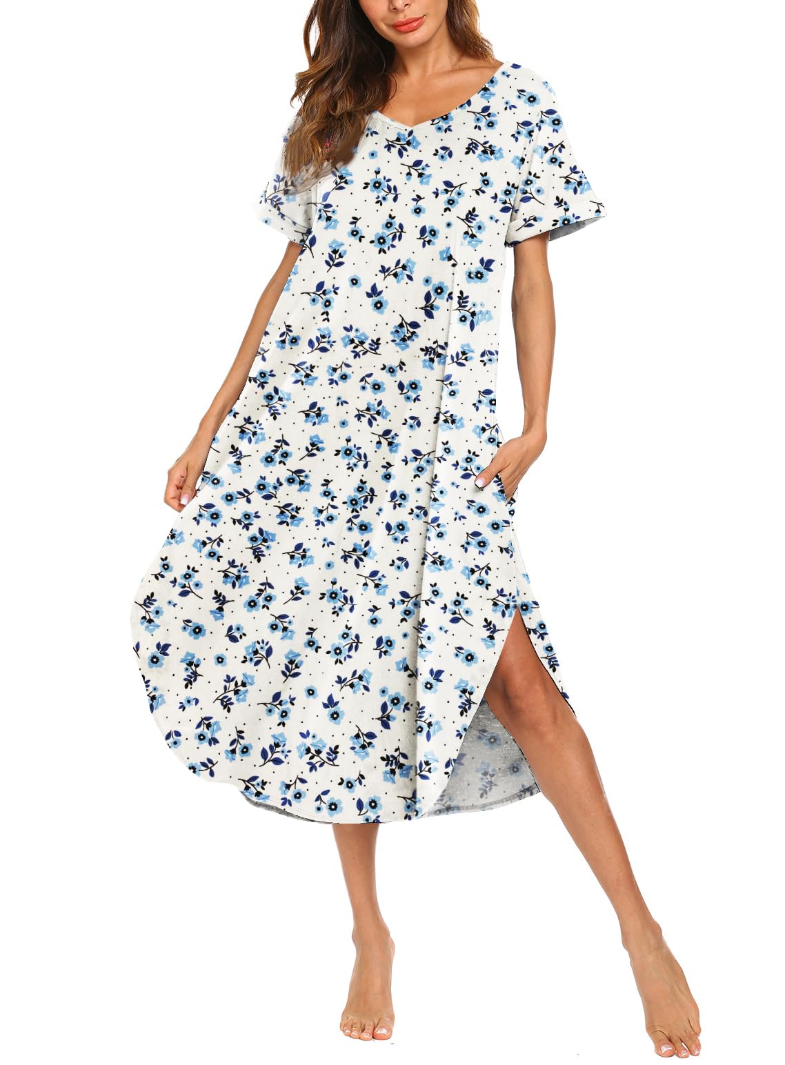 AVIIER Nightgowns for Women Cotton Night Shirt Sleepwear Ladies Soft Loungewear with Pockets (WHite Flower 2, Small)
